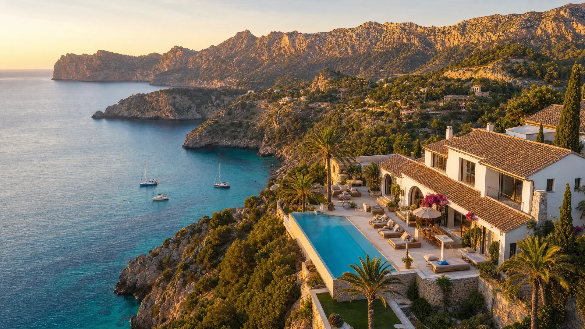 Villa de lujo en Mallorca con piscina infinita al atardecer