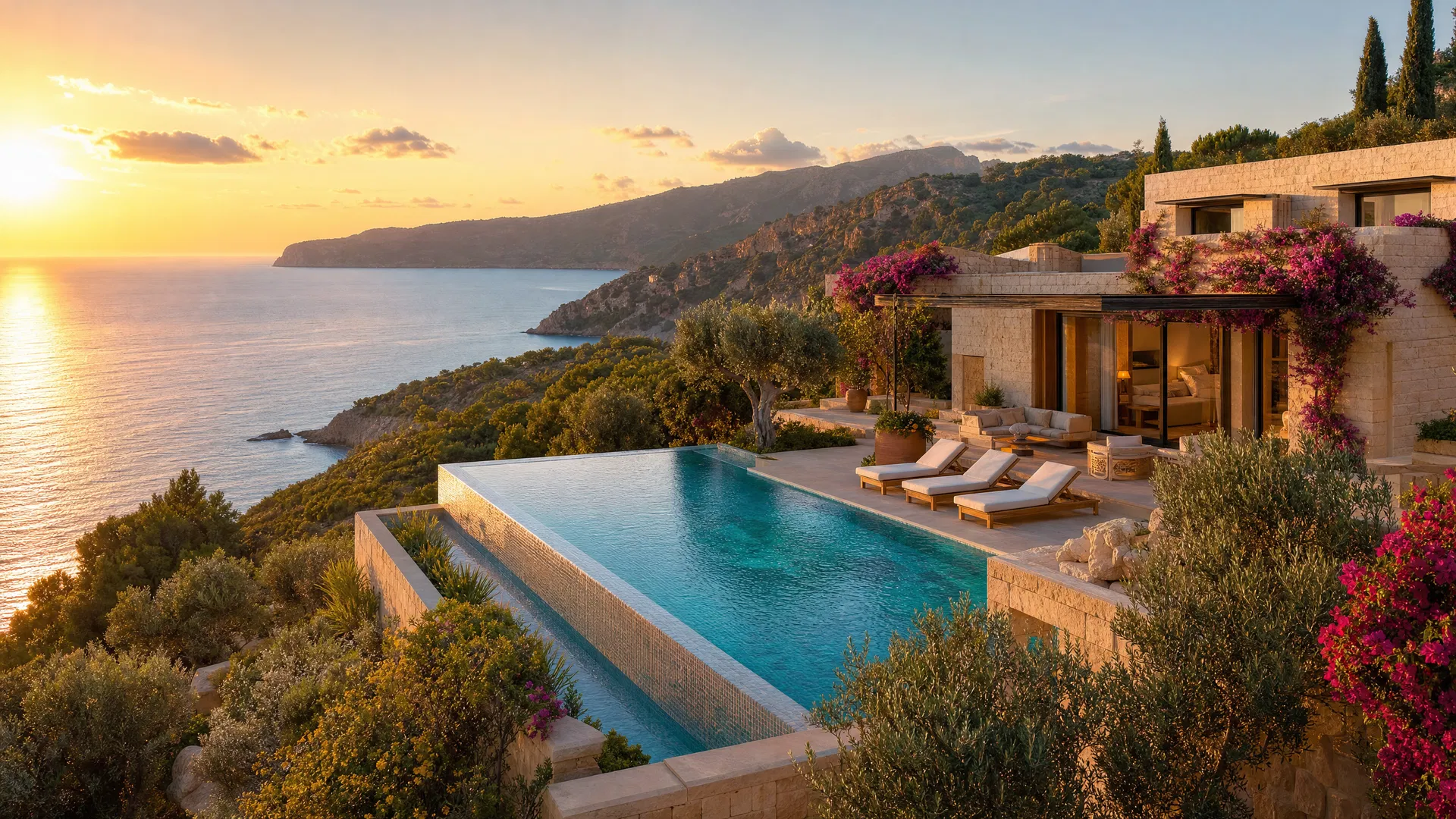 Villa de lujo en Mallorca con piscina infinita al atardecer