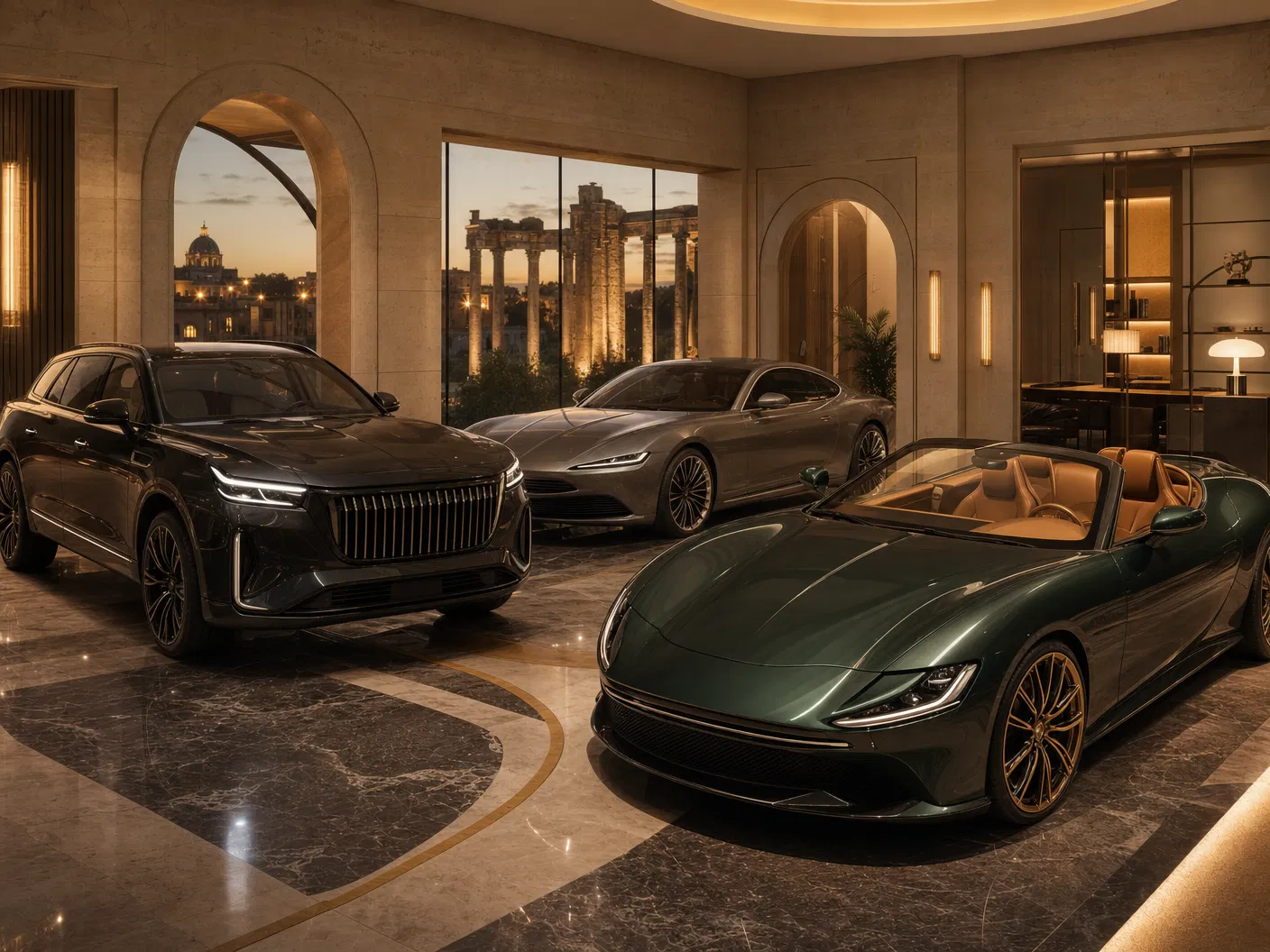 Luxury rental fleet in a private Rome showroom