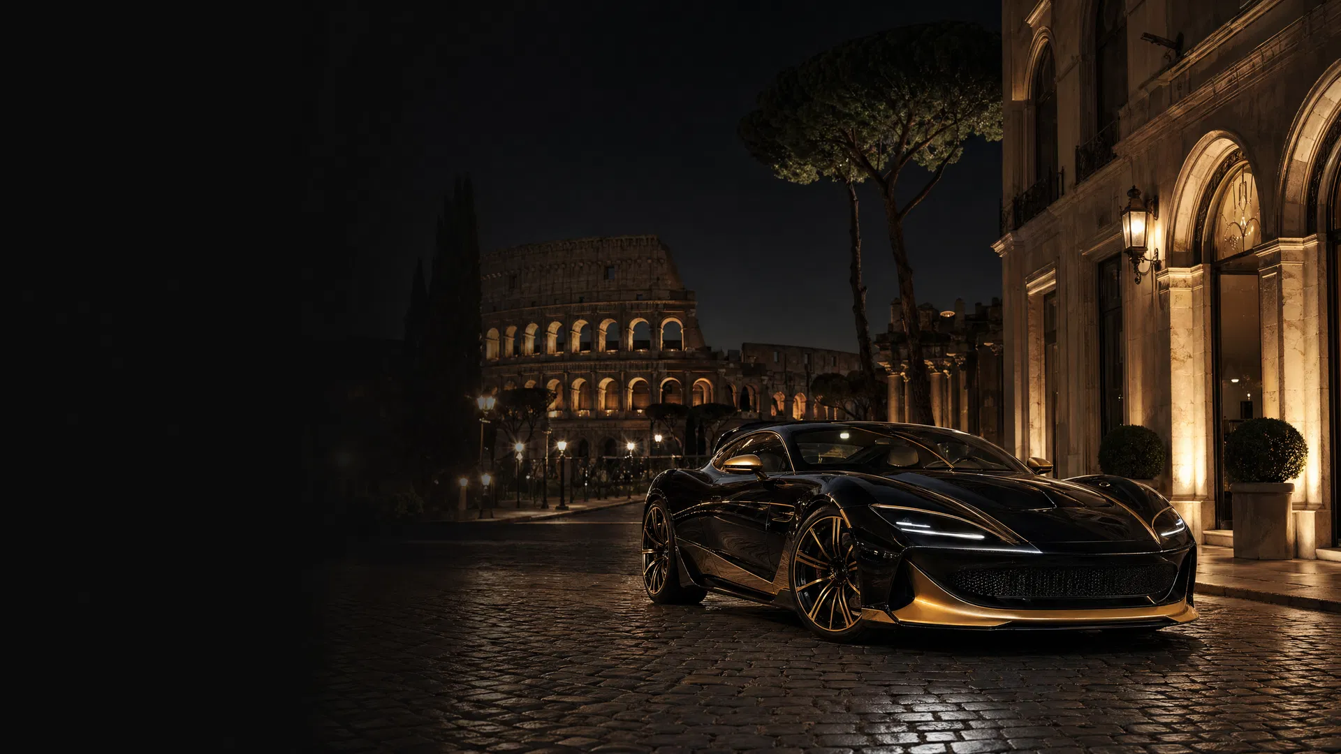 Luxury sports car in Rome at night