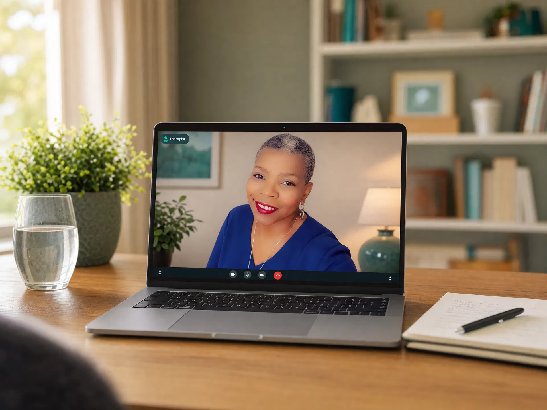 Dr. Booker visible on a laptop screen during a telehealth therapy session, in a warm home office setting with plants and natural light