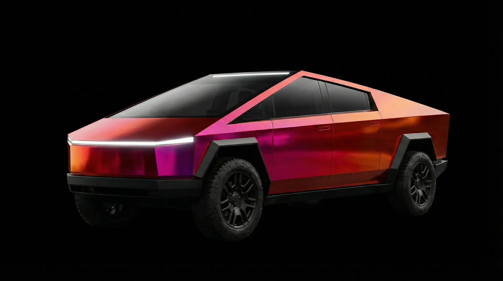 Cybertruck with chrome red iridescent wrap