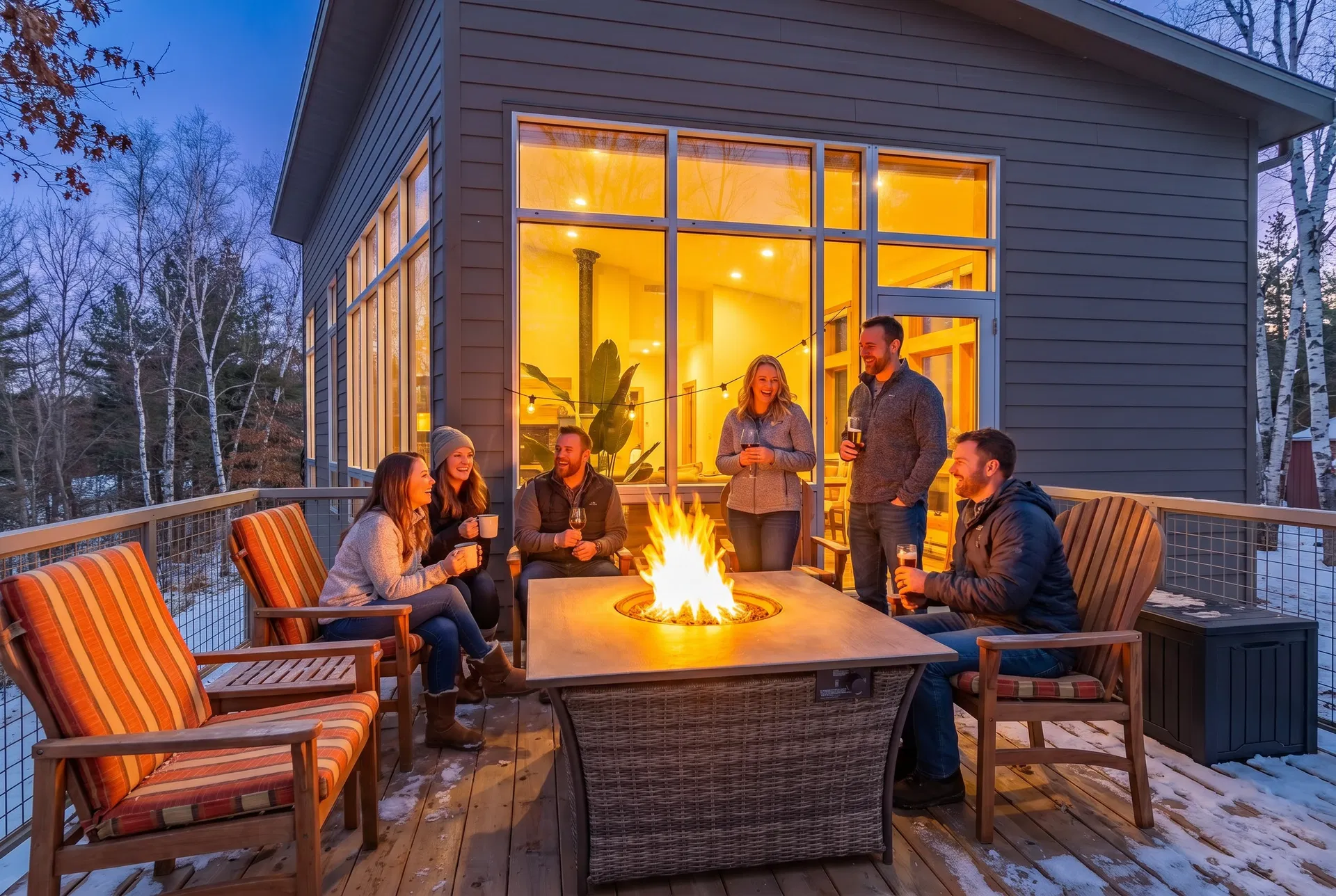 Group of friends gathered around the fire table at BarrelHouse on Pine Lake — upscale group retreat near Minneapolis
