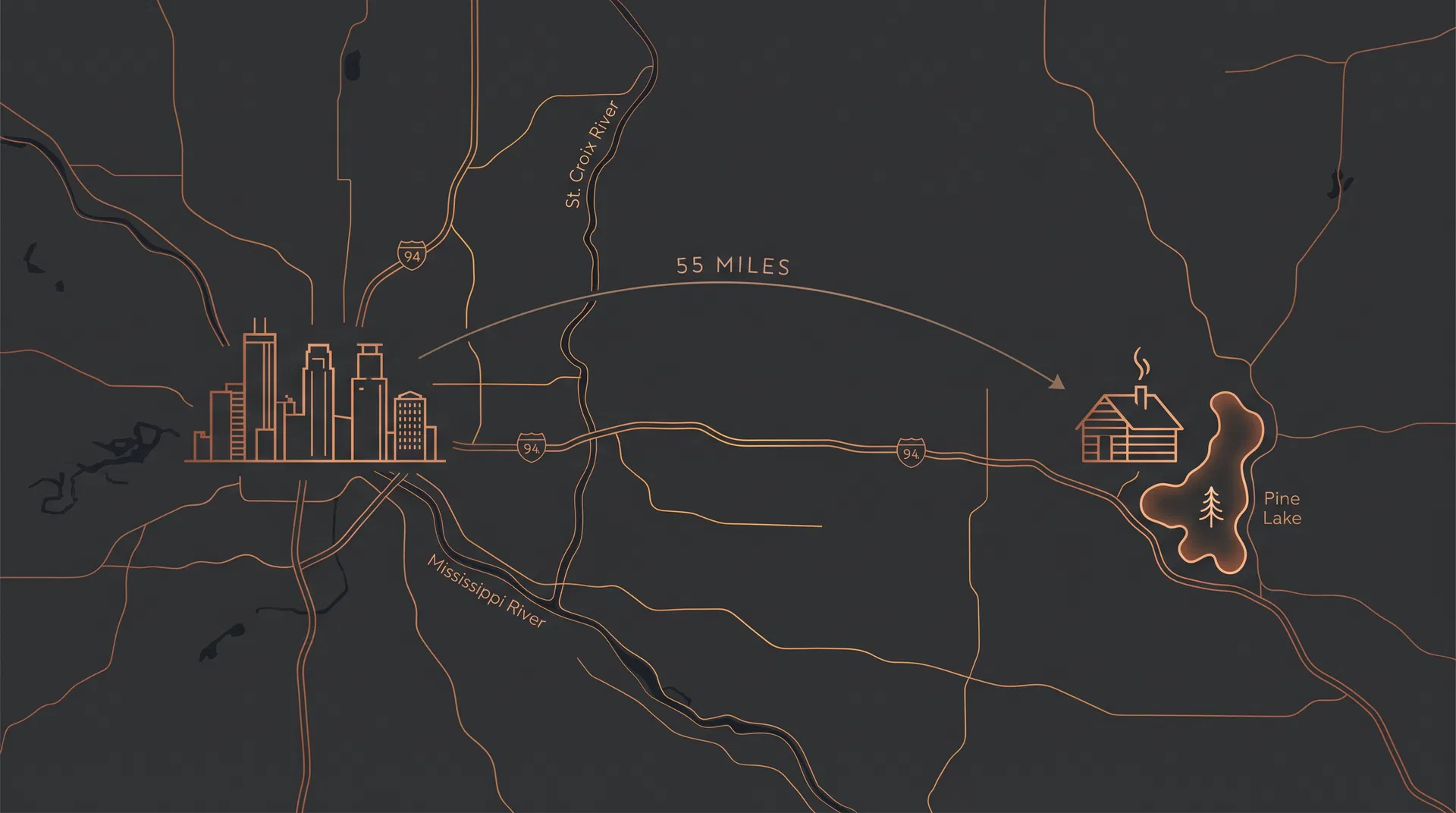 Map showing BarrelHouse location between Minneapolis and Baldwin Wisconsin on Pine Lake