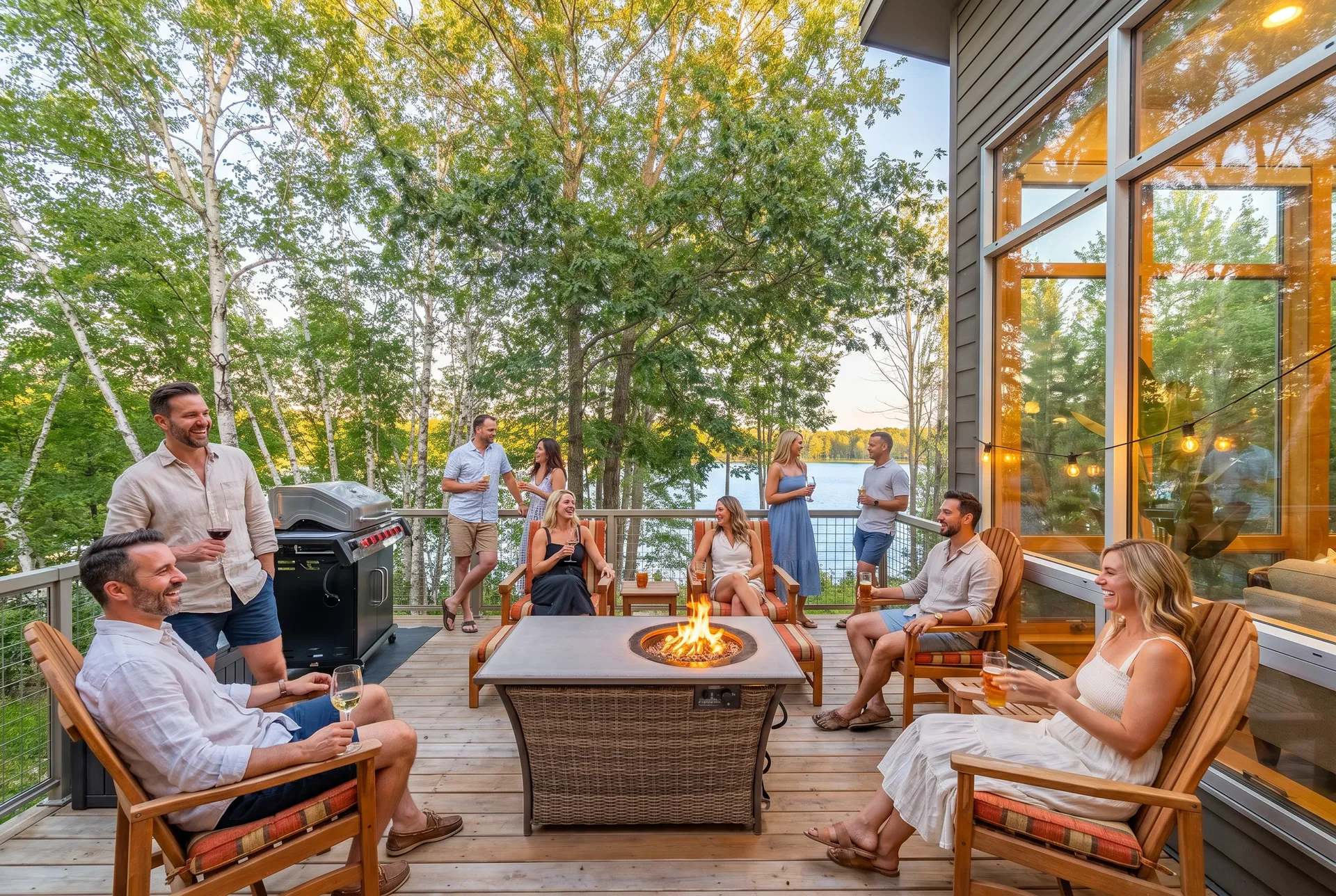 Group of friends enjoying the BarrelHouse deck on Pine Lake in summer
