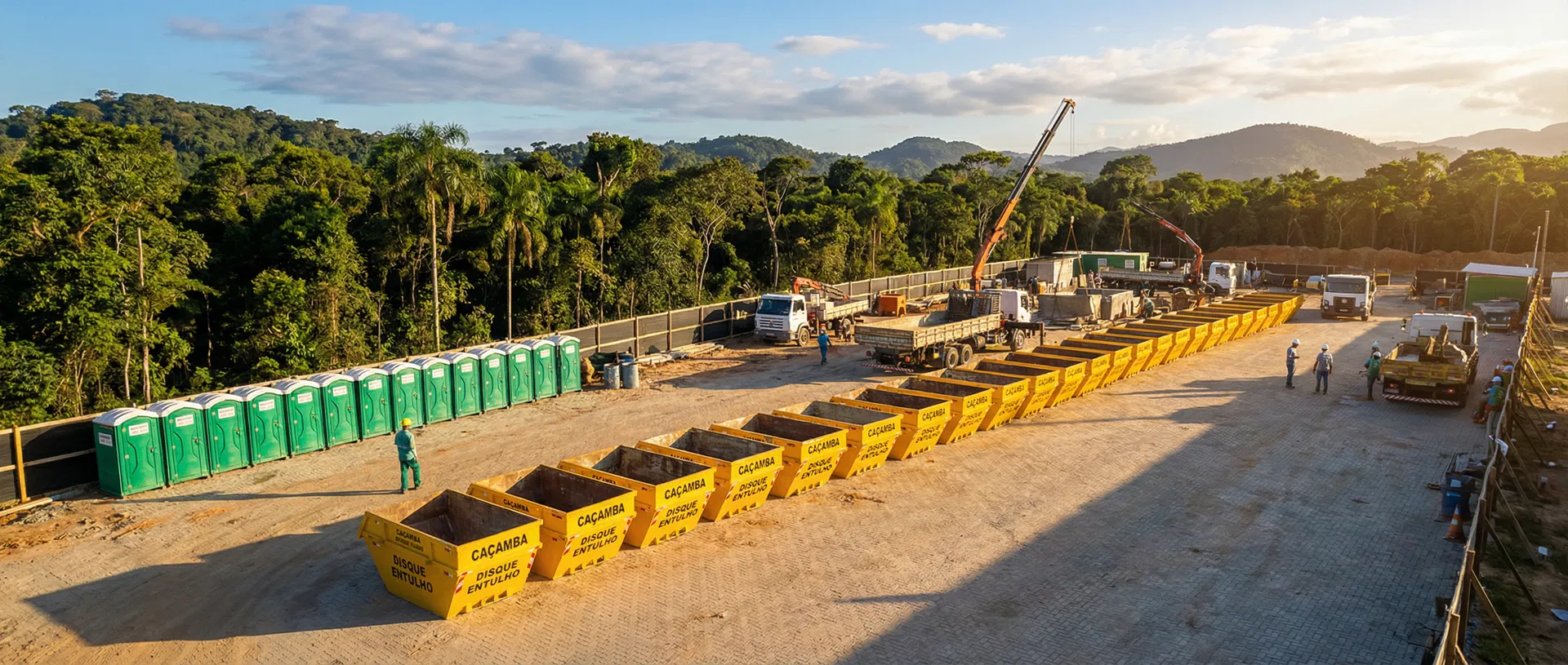 Canteiro de obras com caçambas e banheiros químicos