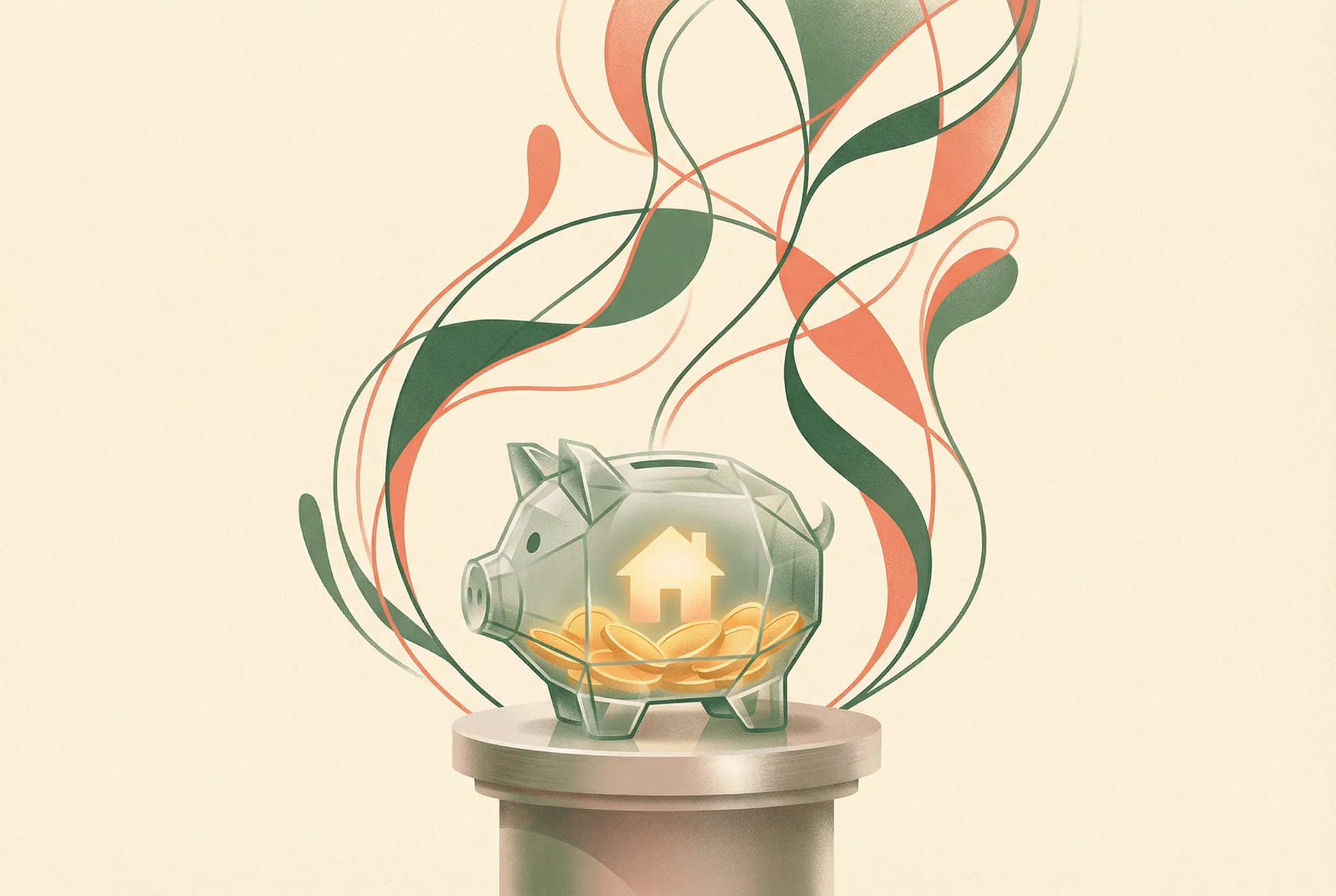 Illustration of a glass piggy bank with a house inside, symbolizing home equity savings