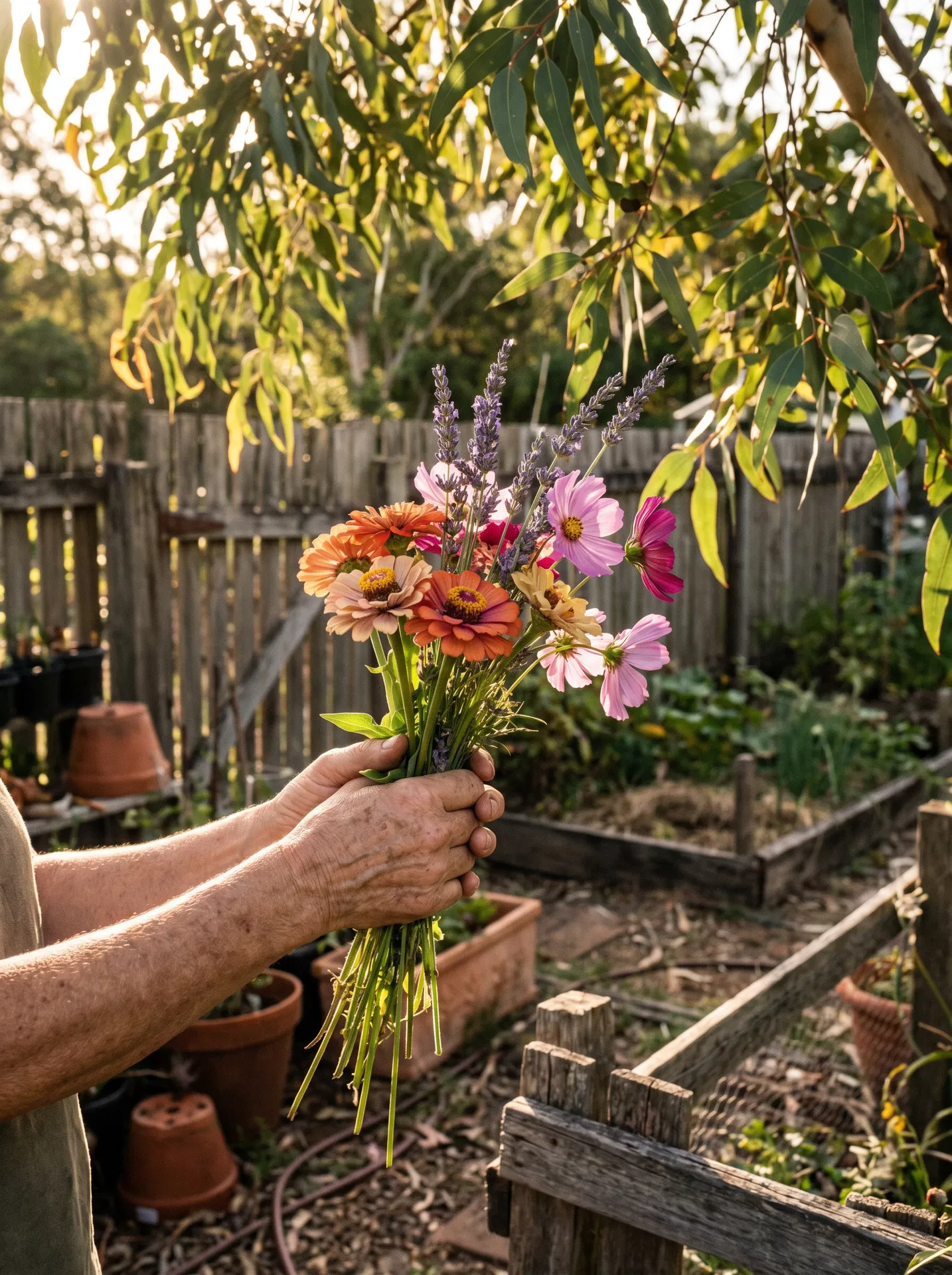 Donna holding a bunch of fresh flowers from the garden