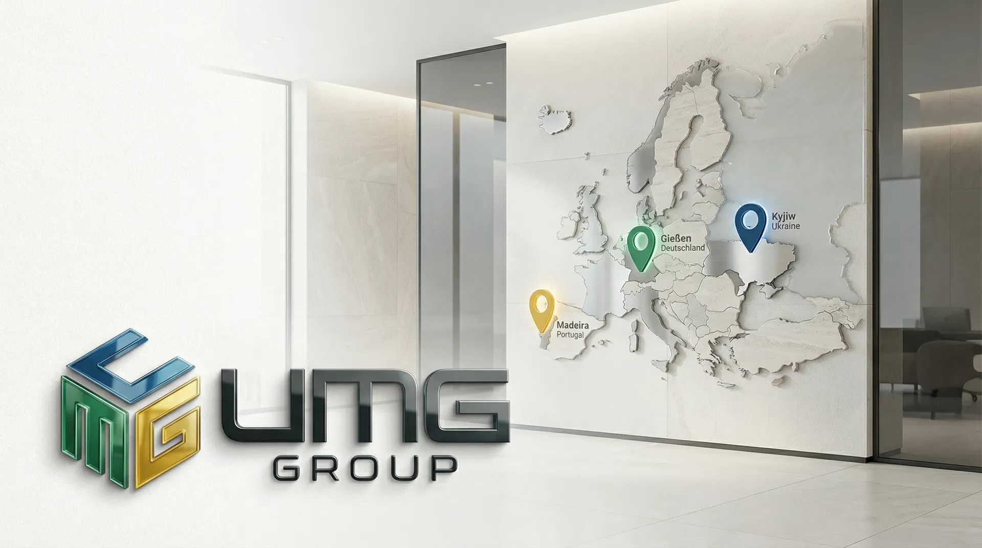 Europakarte mit markierten UMG-Standorten in Kyjiw, Gießen und Madeira