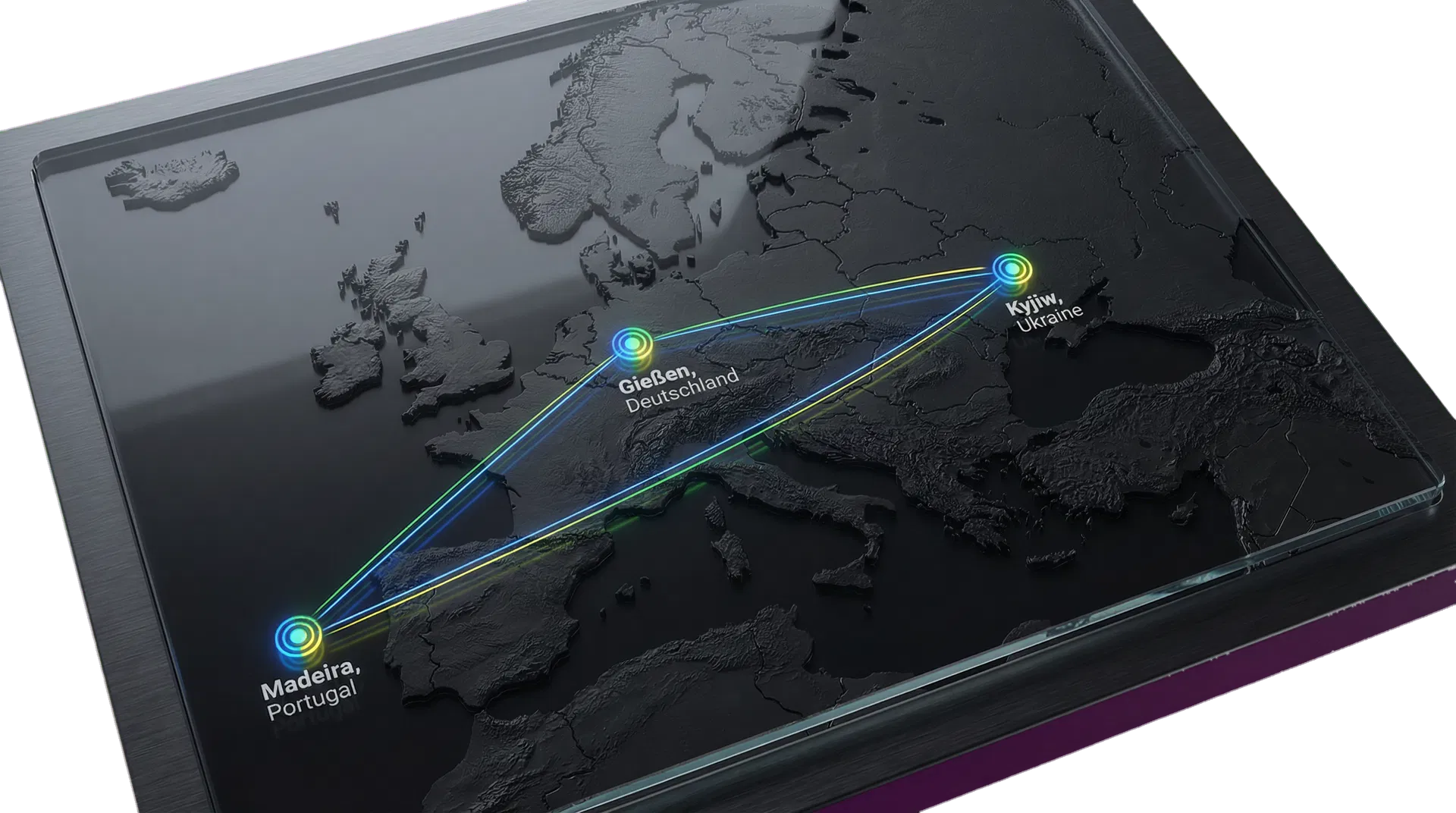 Europa-Kartenmotiv mit den UMG-Standorten Kyjiw, Gießen und Madeira