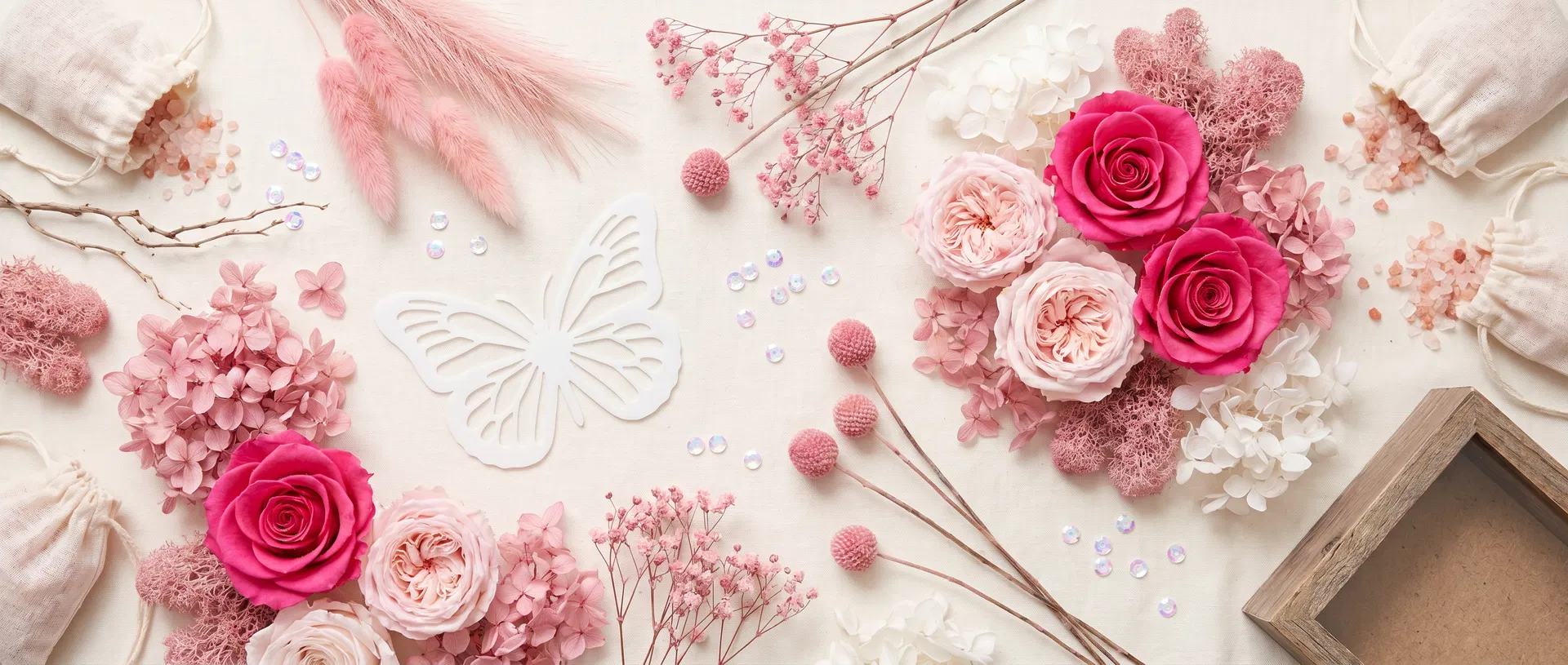 Everything included in your kit — preserved roses, dried botanicals, butterfly stencil, crystals and tools