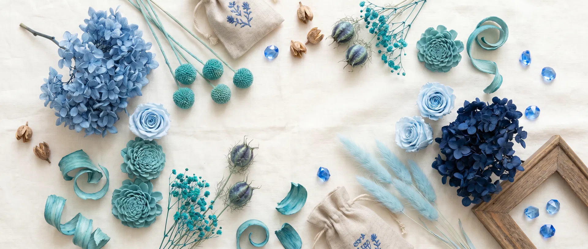 Everything included in the Ocean Morpho Butterfly — Crystal Frame DIY Kit kit — preserved botanicals, butterfly stencil, crystals and tools