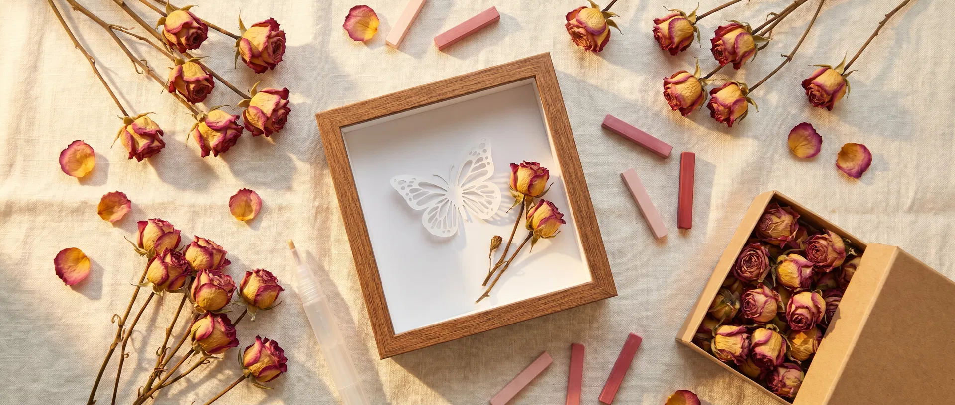 Everything included in the Vintage Rose Butterfly — Dried Rose Frame DIY Kit kit — preserved botanicals, butterfly stencil, crystals and tools