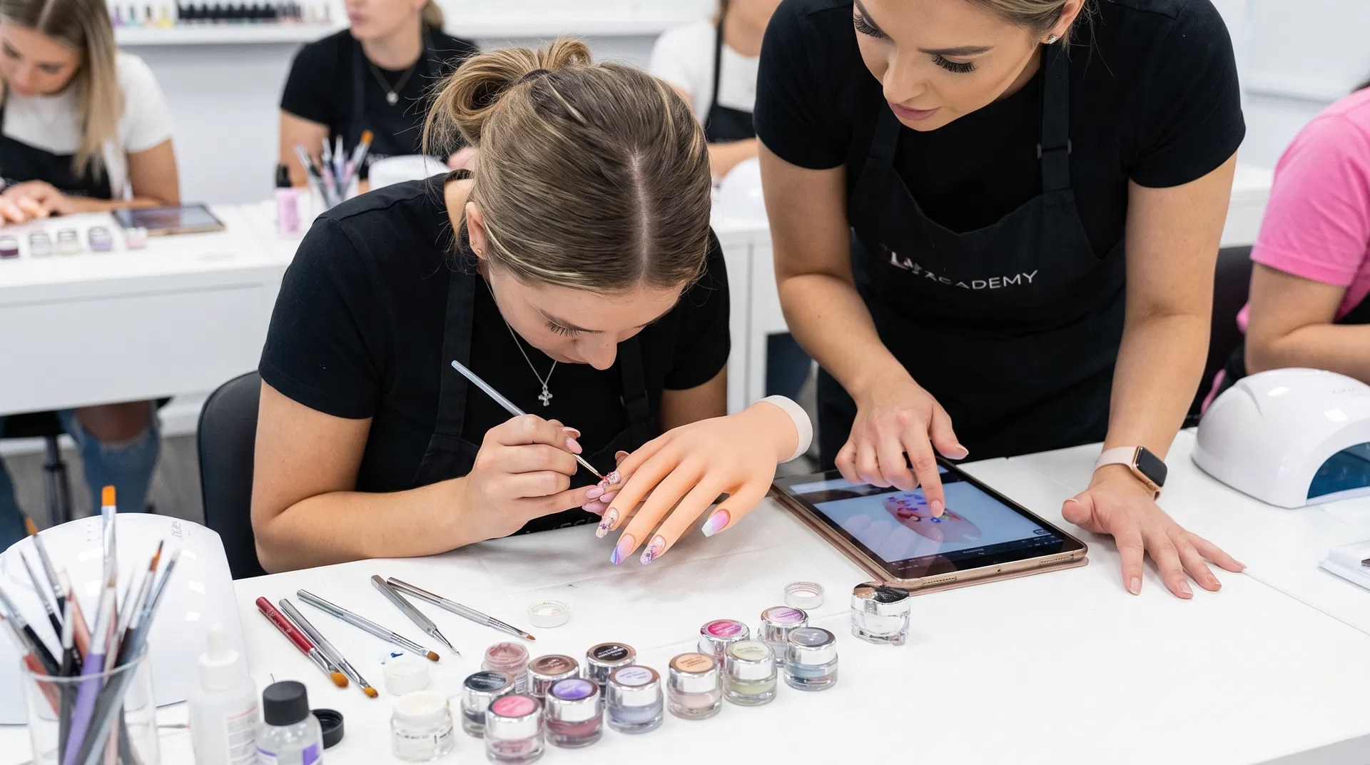 nail art course student showing nail transformation beauty school portfolio