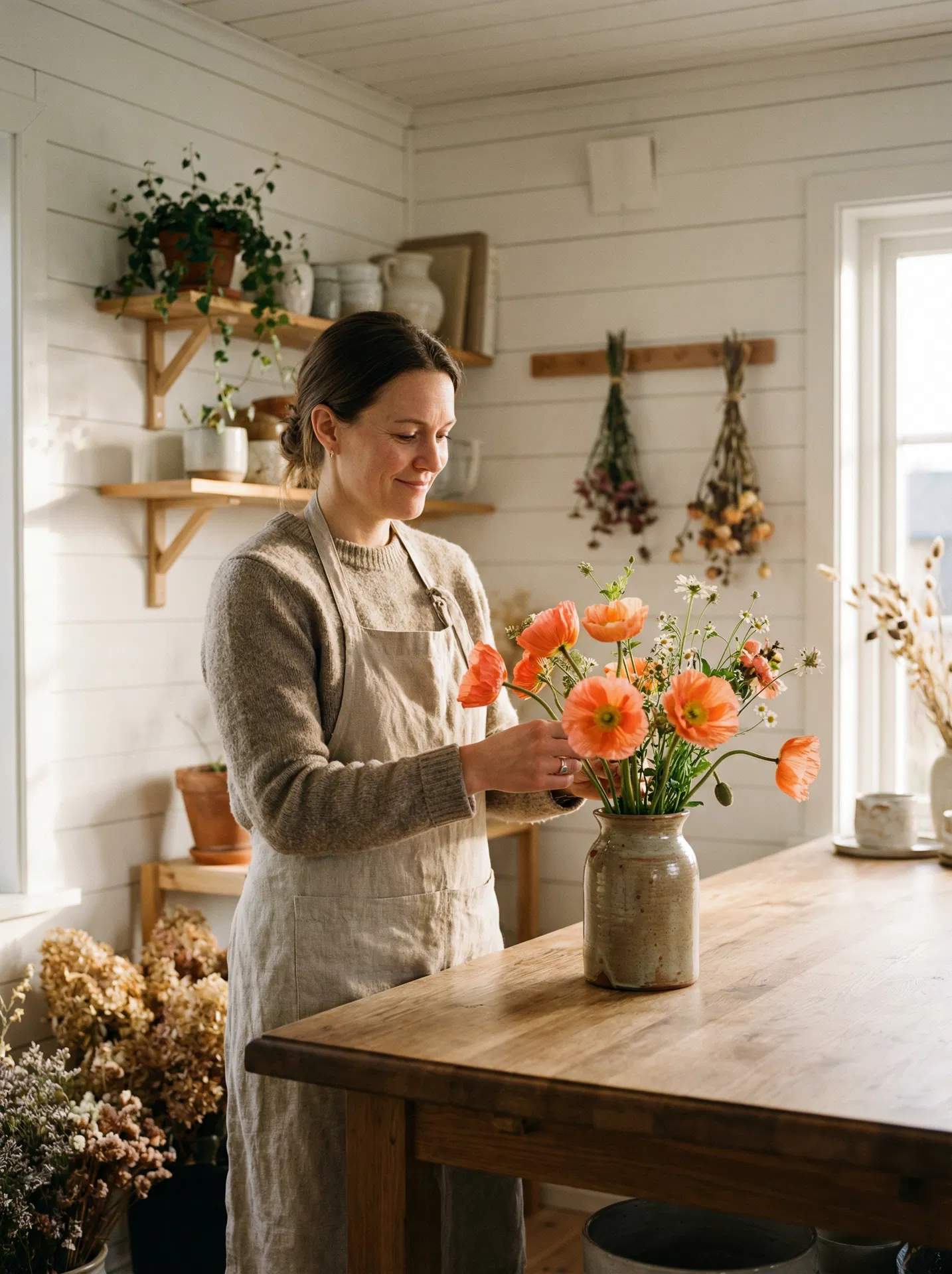 Florist som arbetar med vallmo i sin ateljé