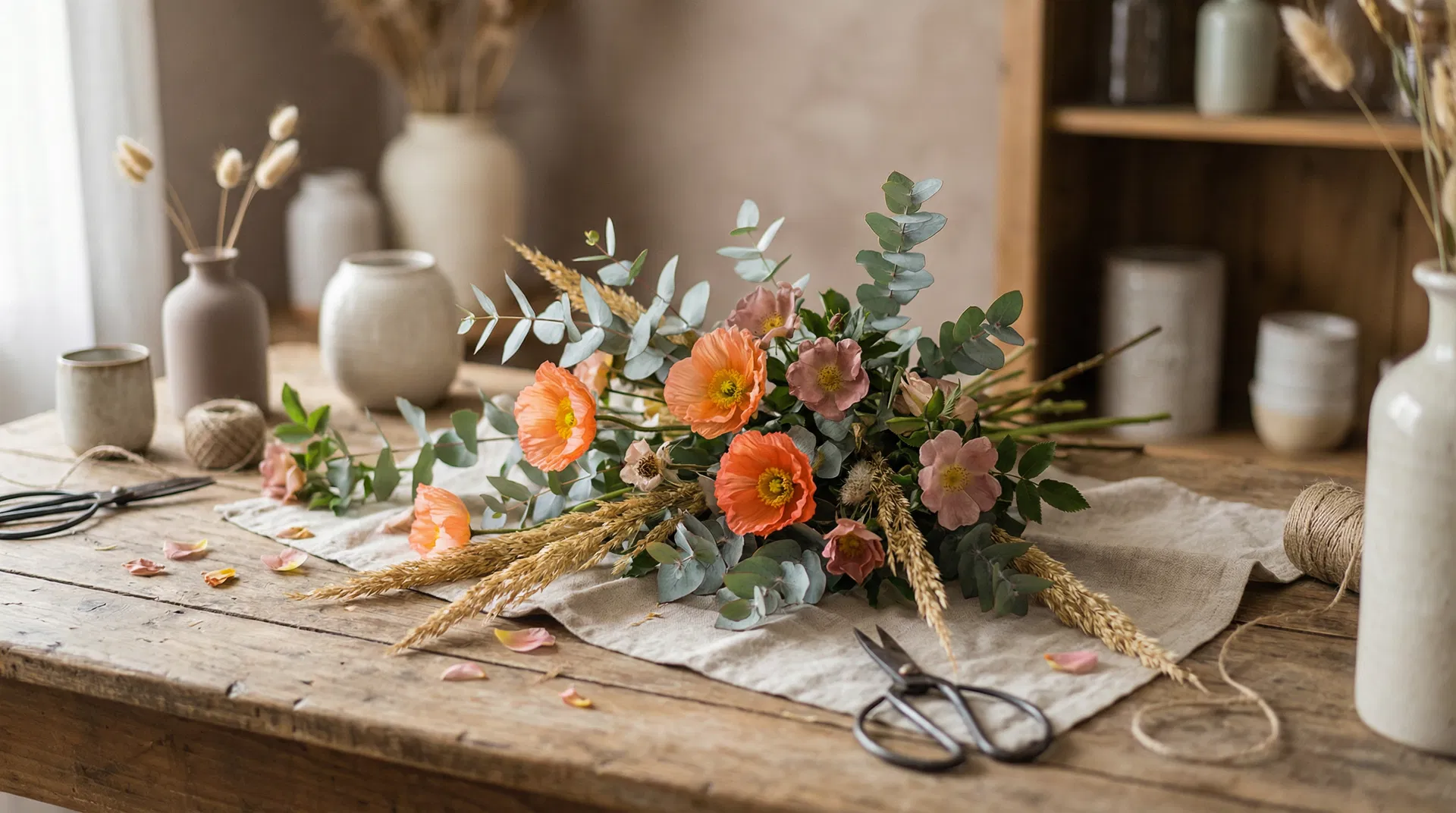 Blomsterarrangemang med vallmo och eukalyptus