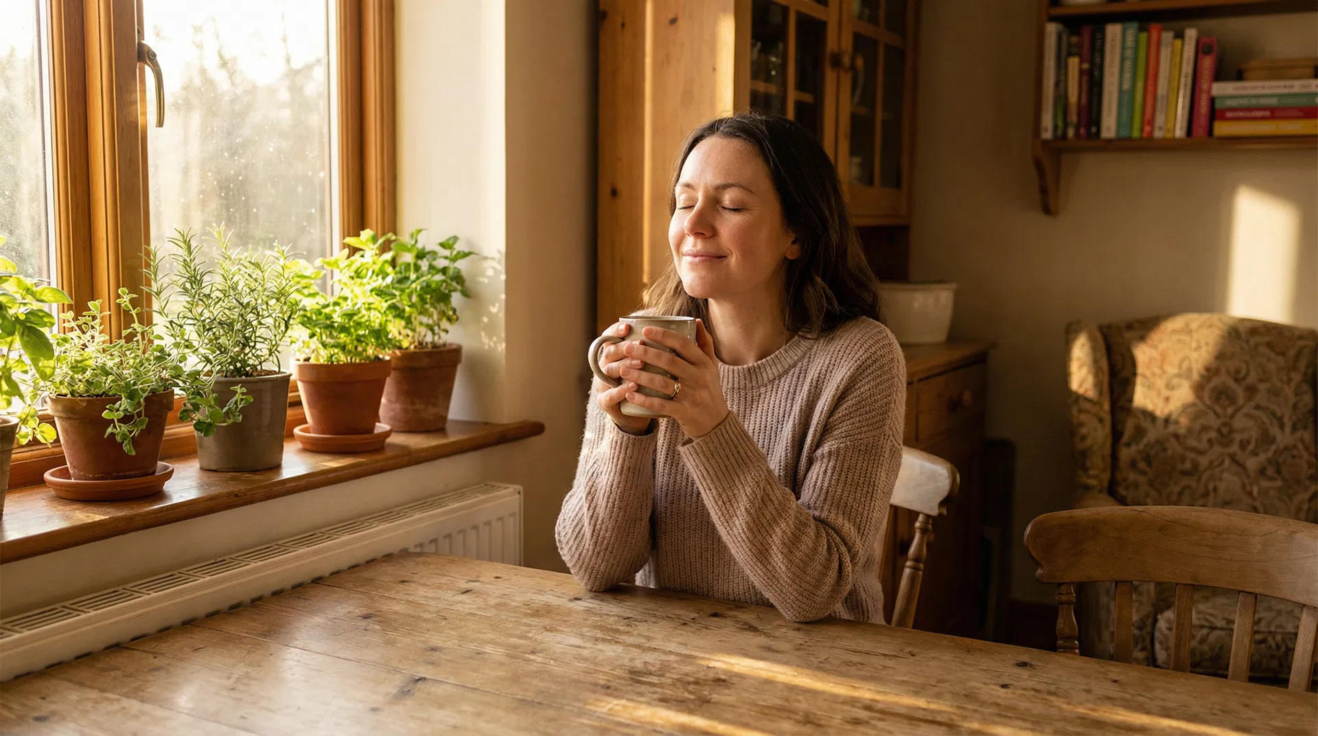 Woman sitting quietly with a cup of tea, a moment of peaceful self-reflection