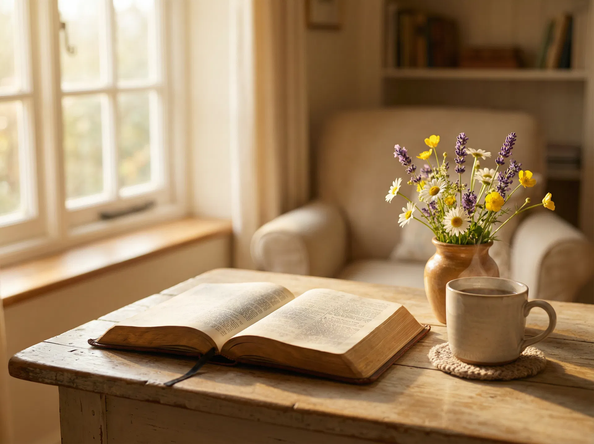 Open Bible with morning light