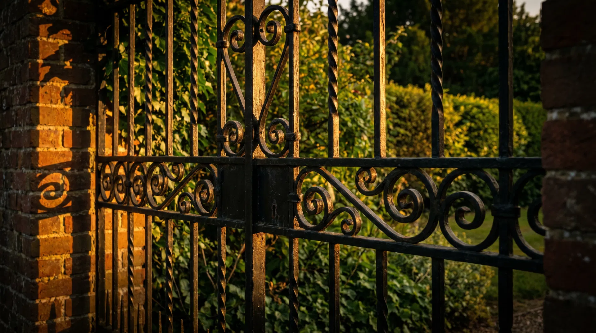 Hand-forged iron gates at golden hour