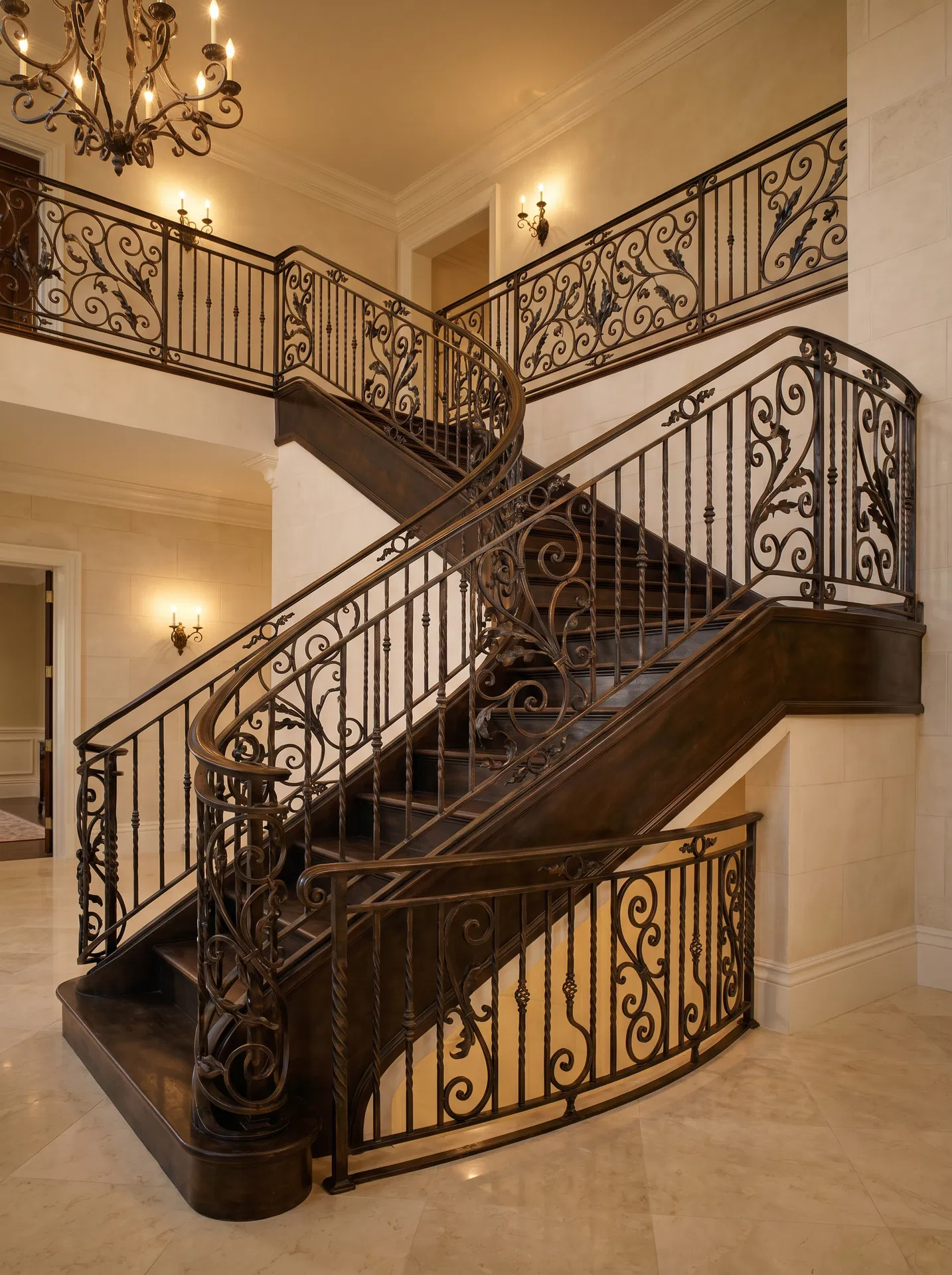 Ornamental wrought iron staircase with scrollwork