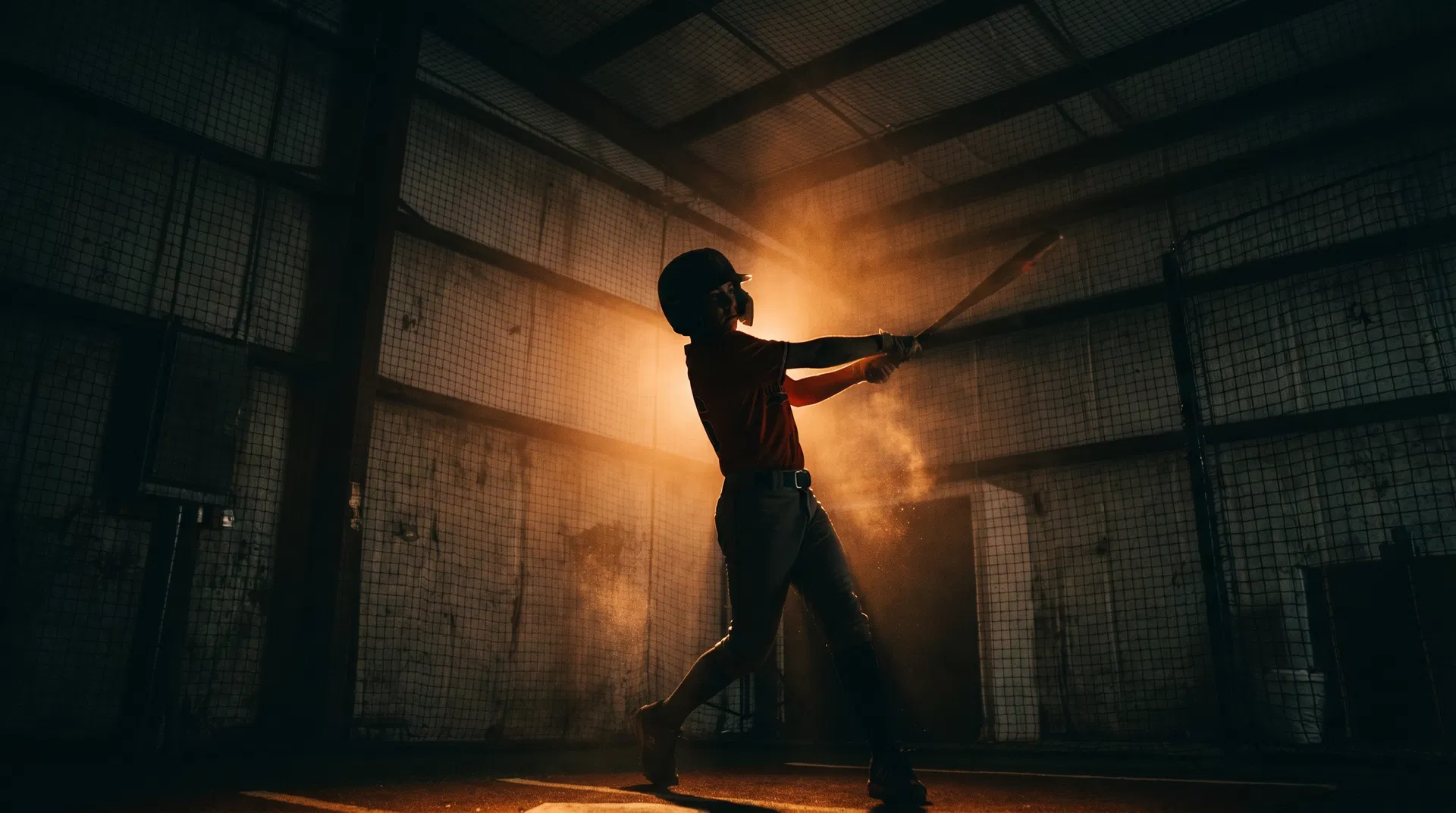 Youth baseball player mid-swing in dramatic lighting