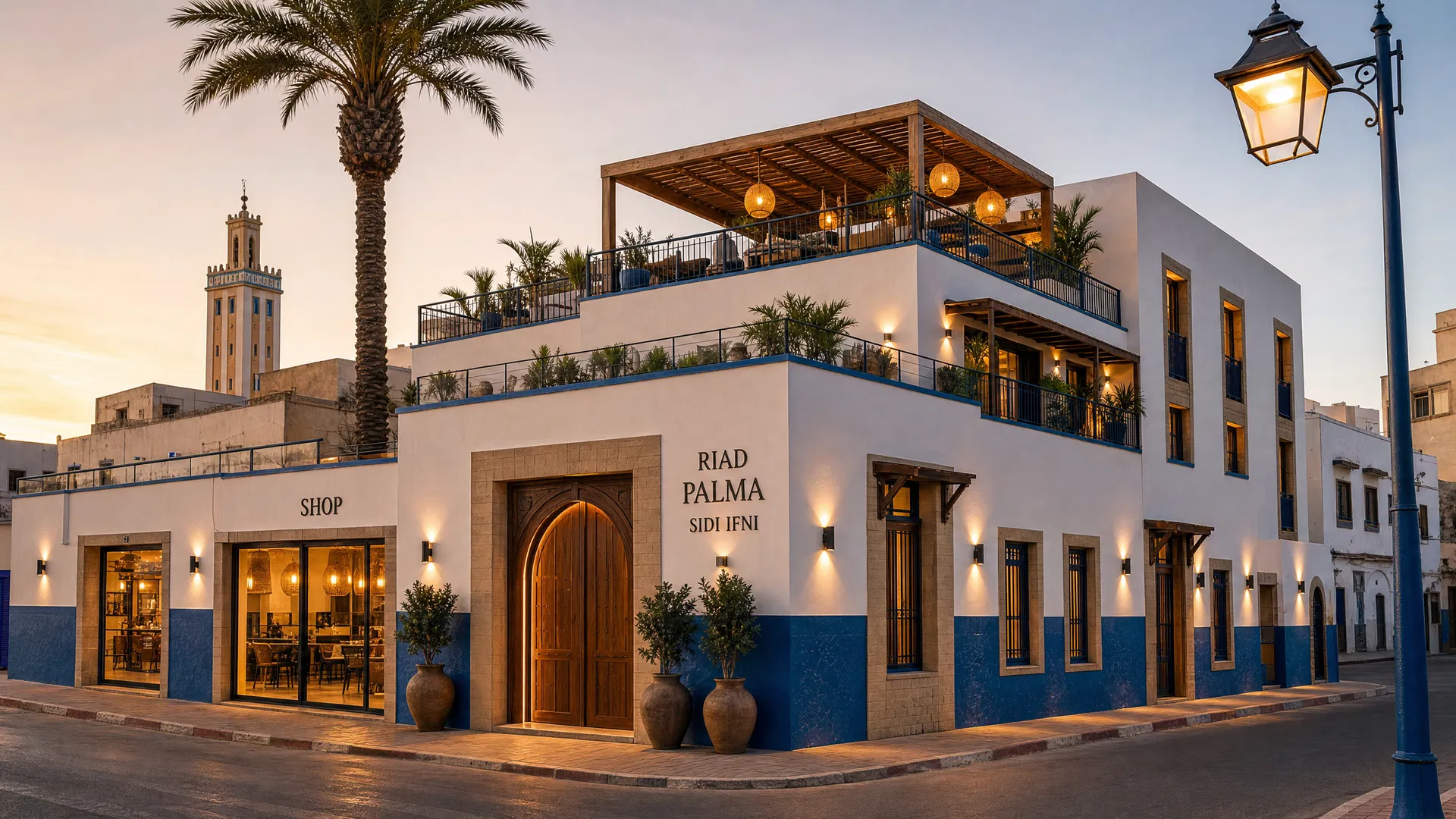 Realistisches 3D-Außenrendering von Riad Palma bei Sonnenuntergang mit weiß-blauer Fassade, Shop, beleuchtetem Eingang und Rooftop-Pergola