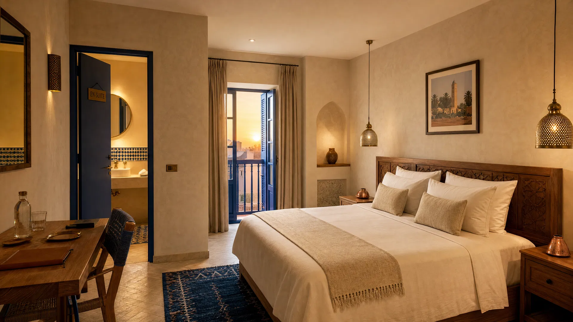 Chambre boutique Riad Palma avec tadelakt, bois et accents indigo