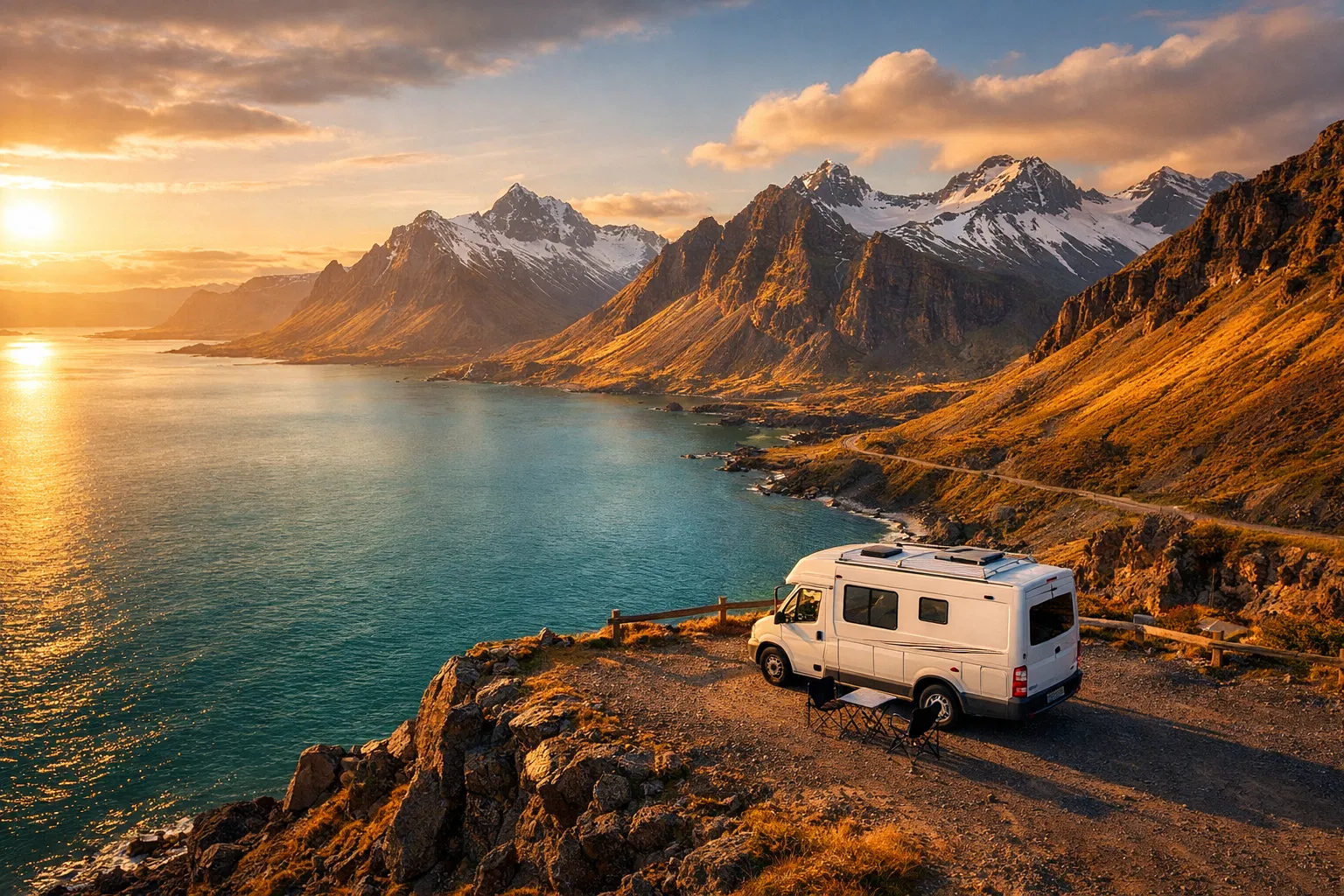 Iceland campervan cost example with campervan parked at a scenic mountain overlook