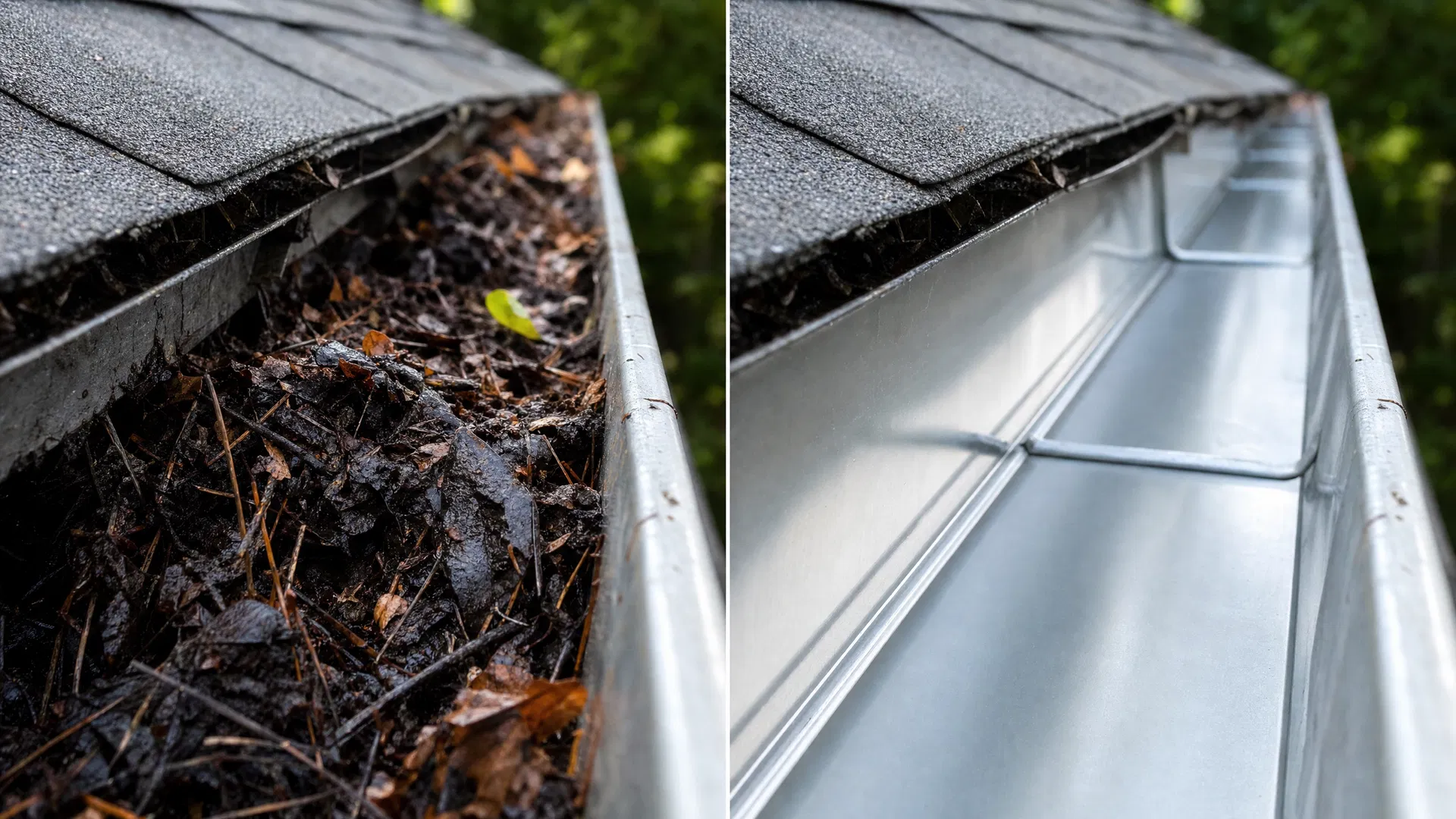 Before and after gutter cleaning comparison