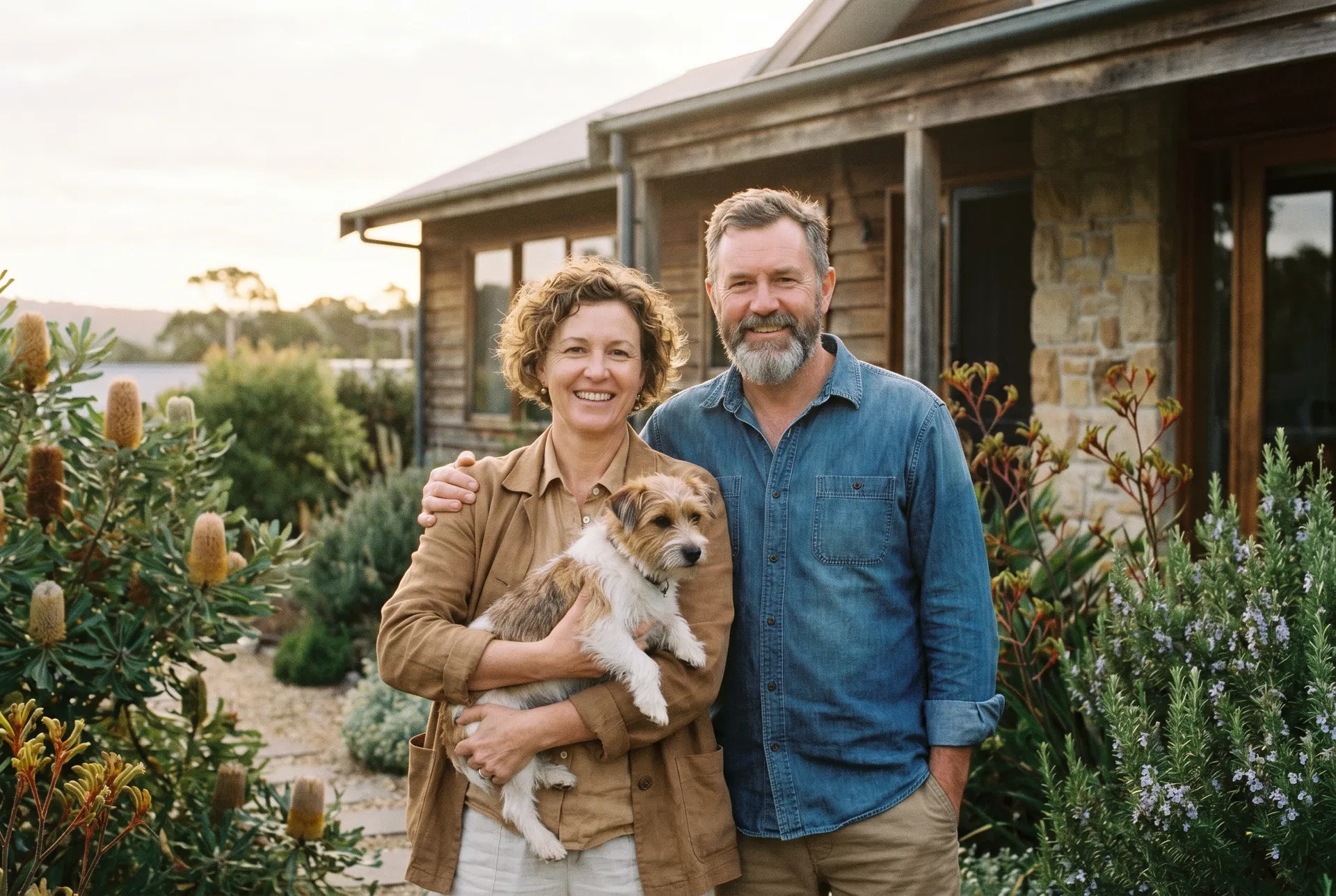 The Empty Nester team — Rich and Gel, a husband and wife, with their motorhome on the South Coast