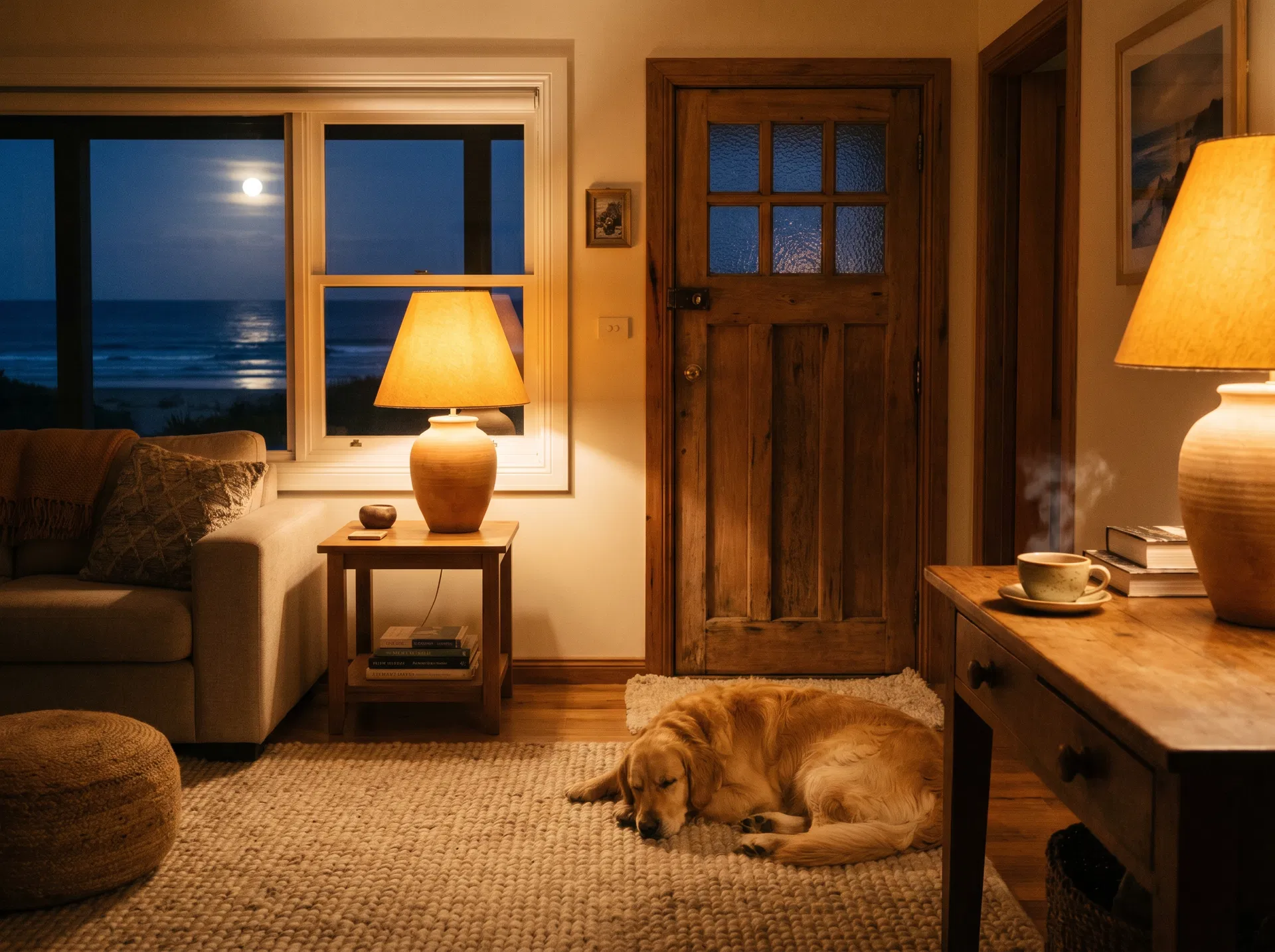 Peaceful home at night with a dog sleeping contentedly