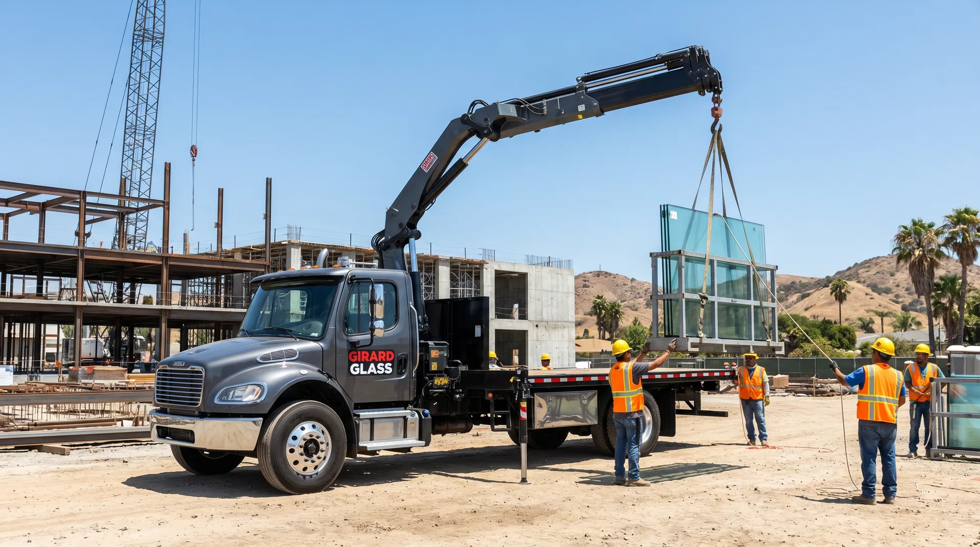 Girard Glass delivery boom truck at a job site
