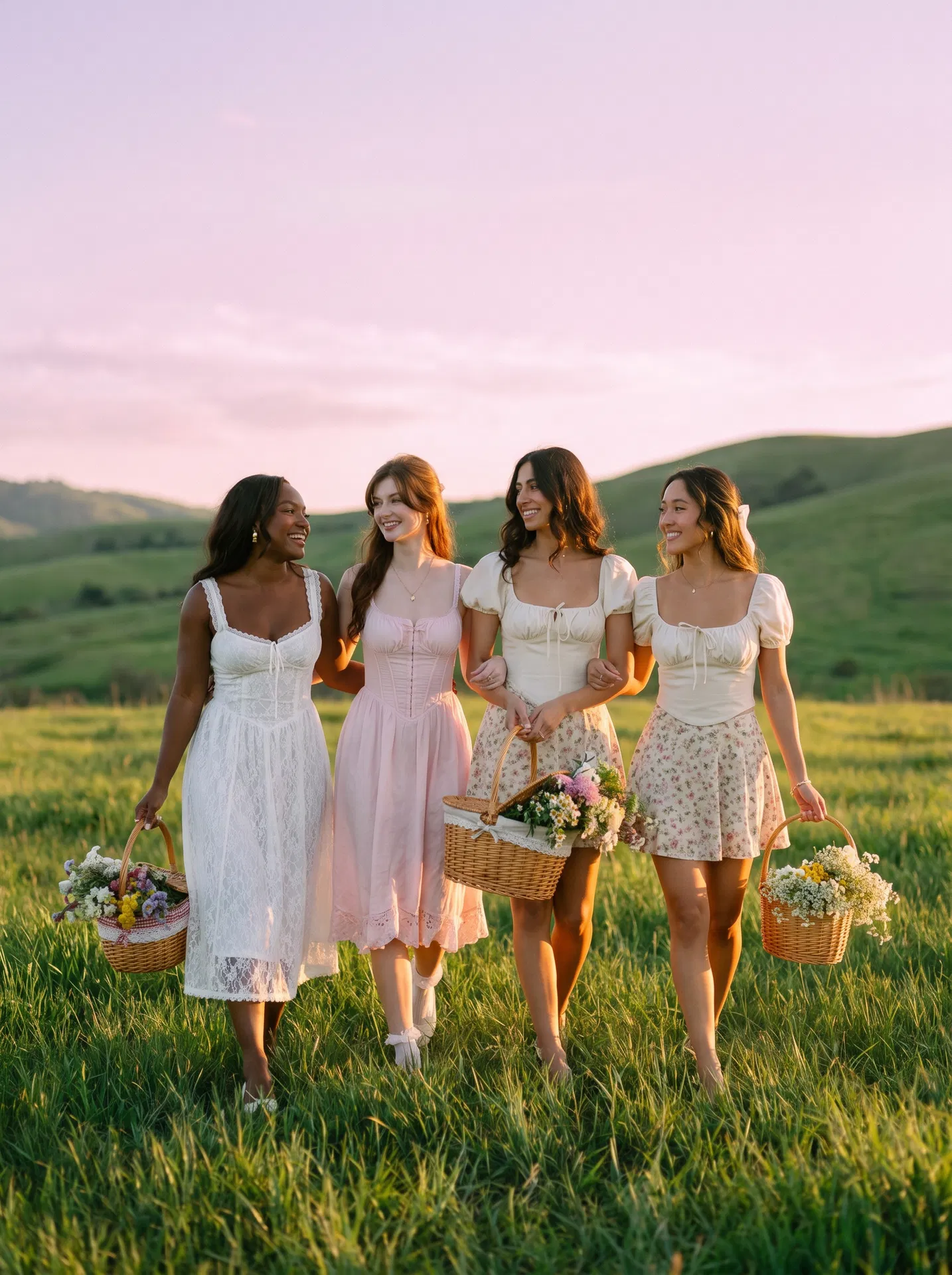 Moms walking together in the morning with picnic baskets