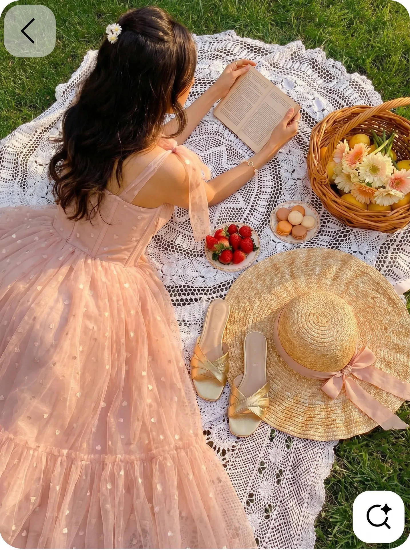 Overhead view of a dreamy picnic with lace blanket and treats