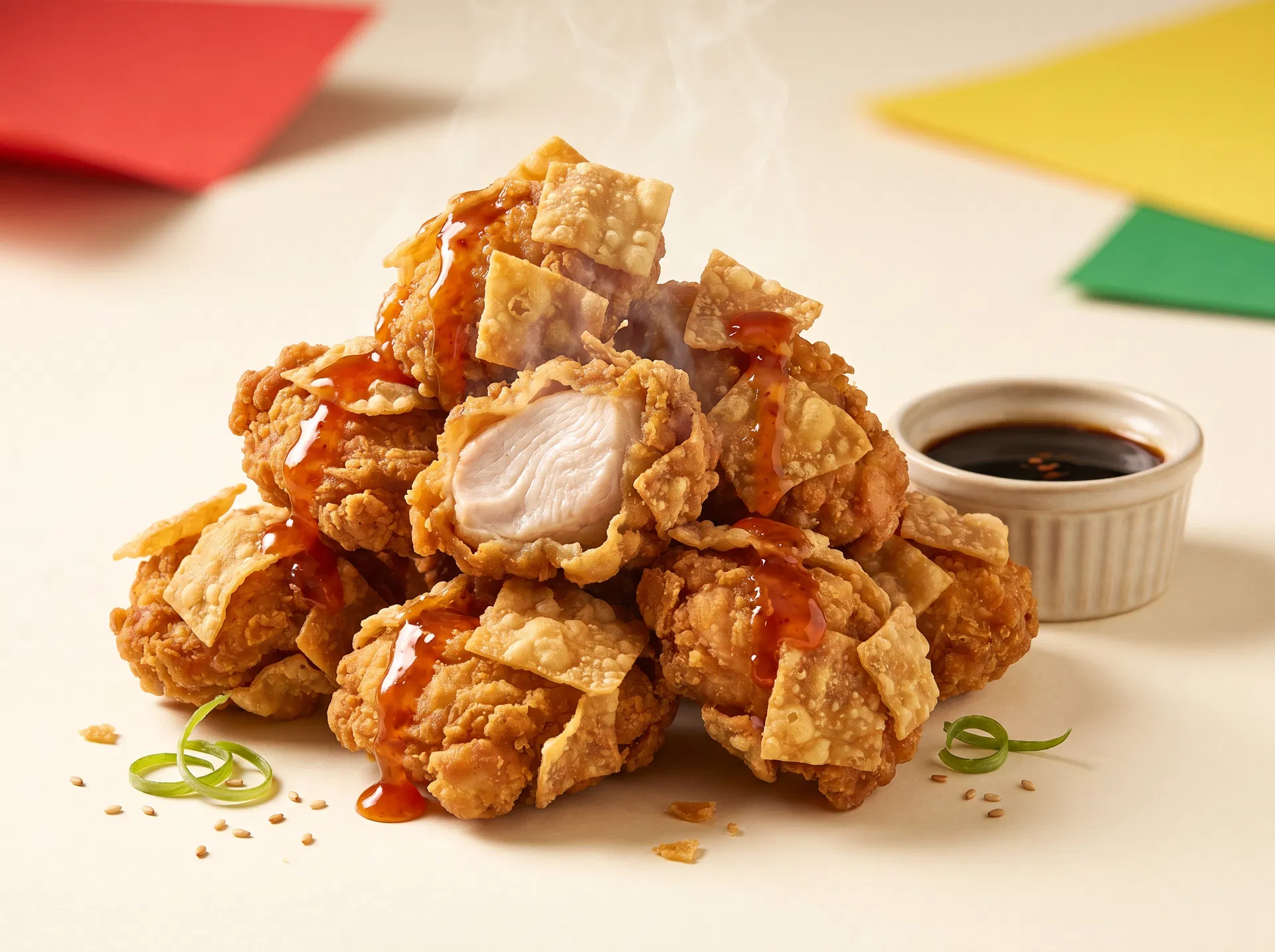 Pollo sin hueso frito con crujiente de wantán, salsa rocoto honey y salsa chifa