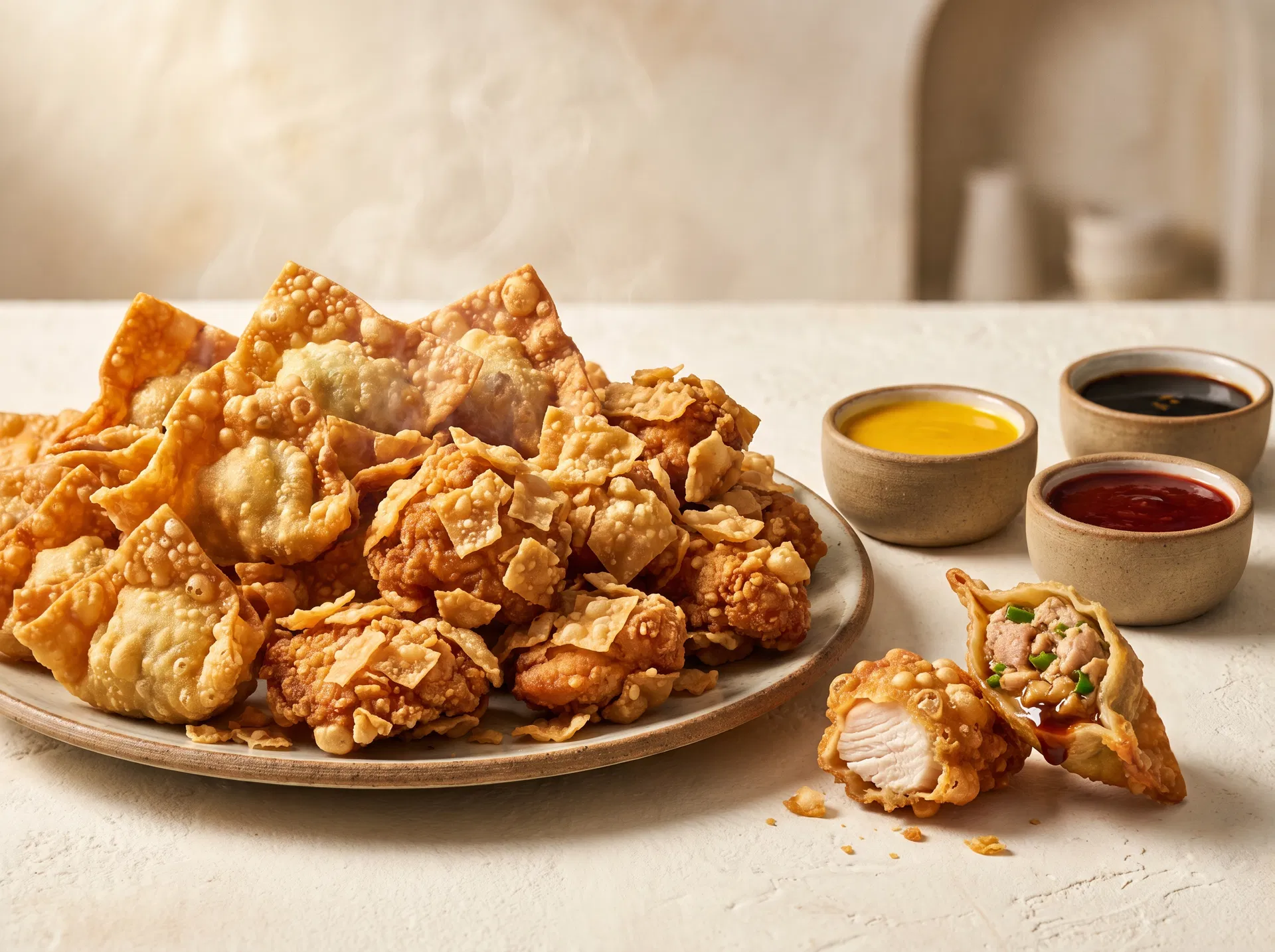 Wantanes croustillants WANTÁN-AMO avec sauce nikkei, ají amarillo, teriyaki et sweet chilli