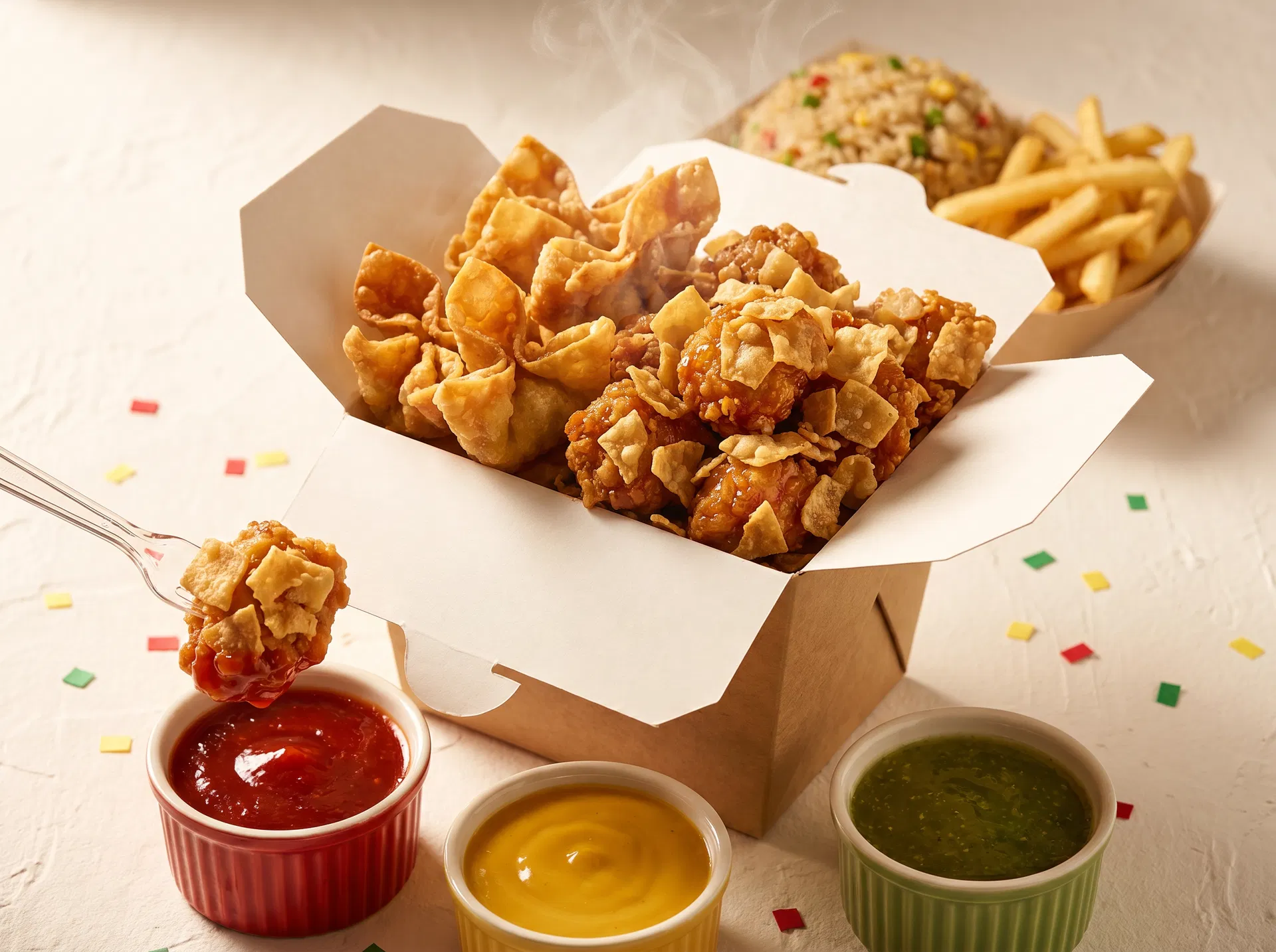 Bucket WANTÁN-AMO avec boxes de wantanes croustillants, sauces et accompagnements