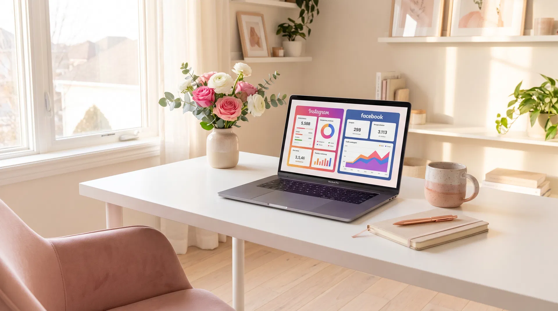 Social media management workspace with flowers