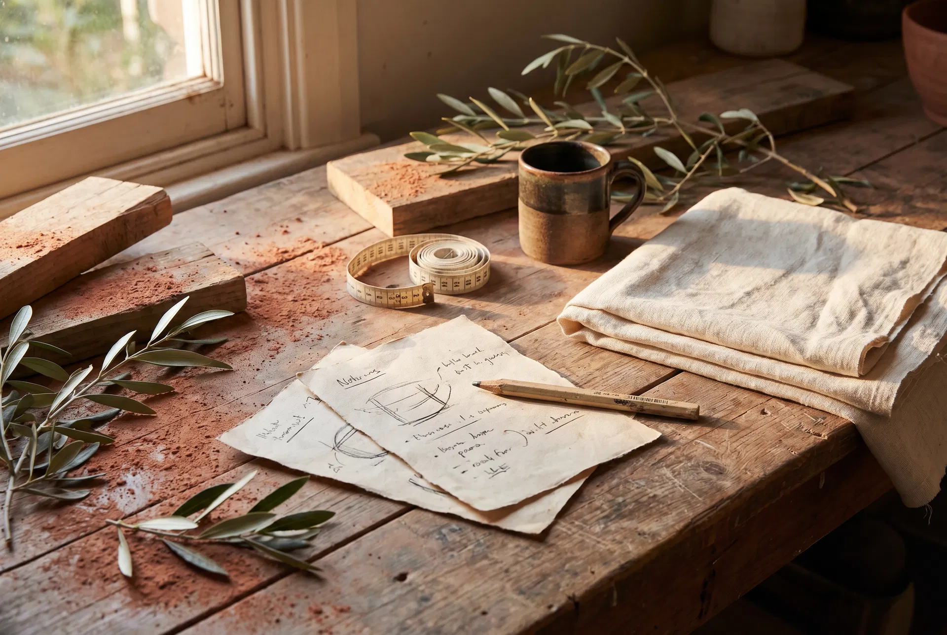 Working materials, notes, and tactile objects representing a pilot in progress