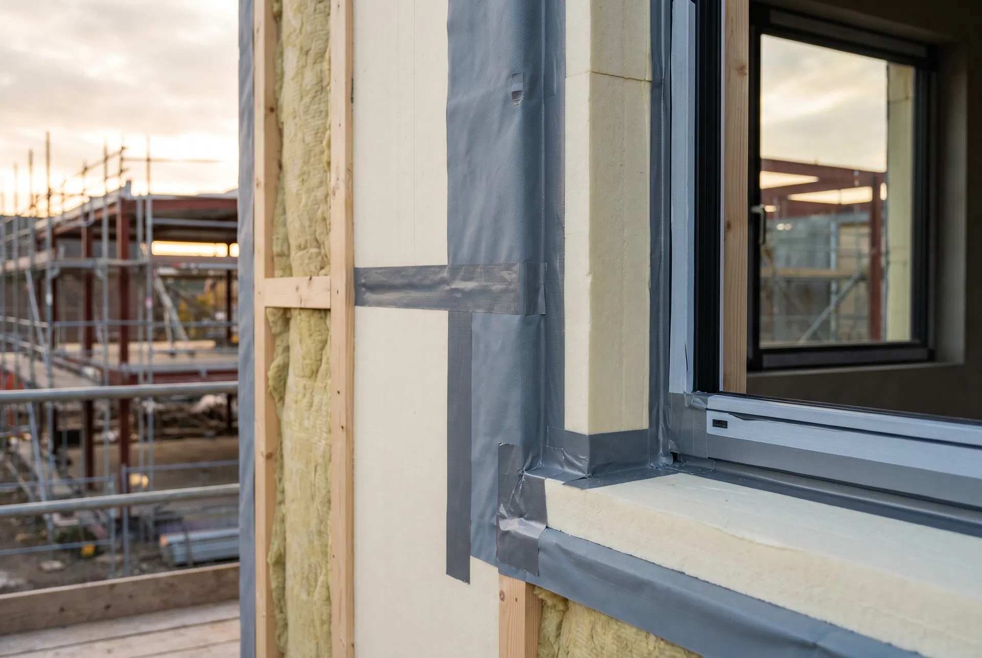 Live commercial site envelope: airtightness tape and continuous insulation around a window opening