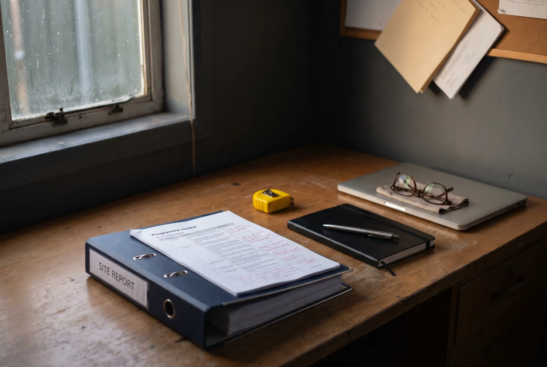 Site office workstation: programme review markup, site report binder, notebook and reading glasses