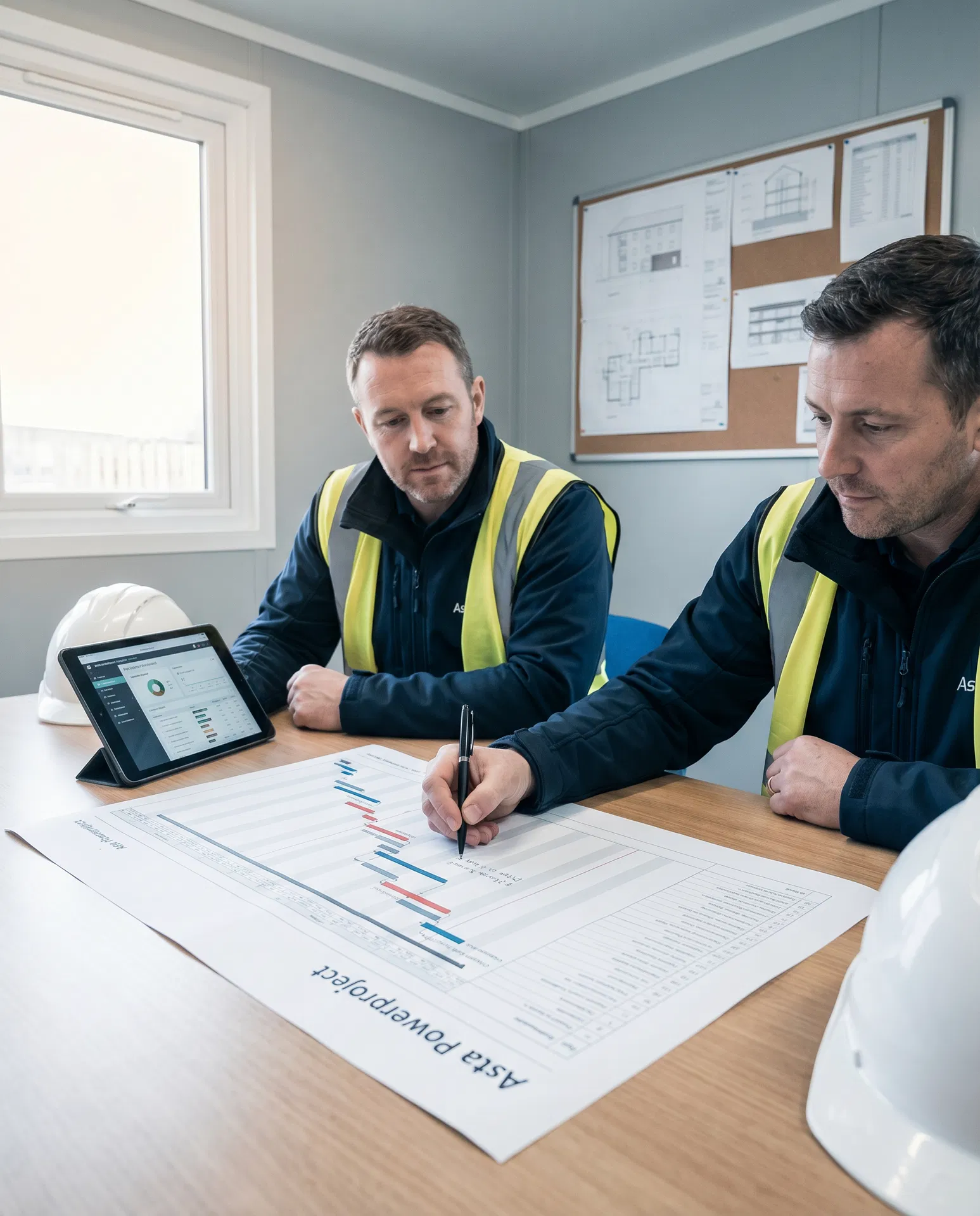 Contractor delivery managers reviewing an Asta Powerproject programme in a site office
