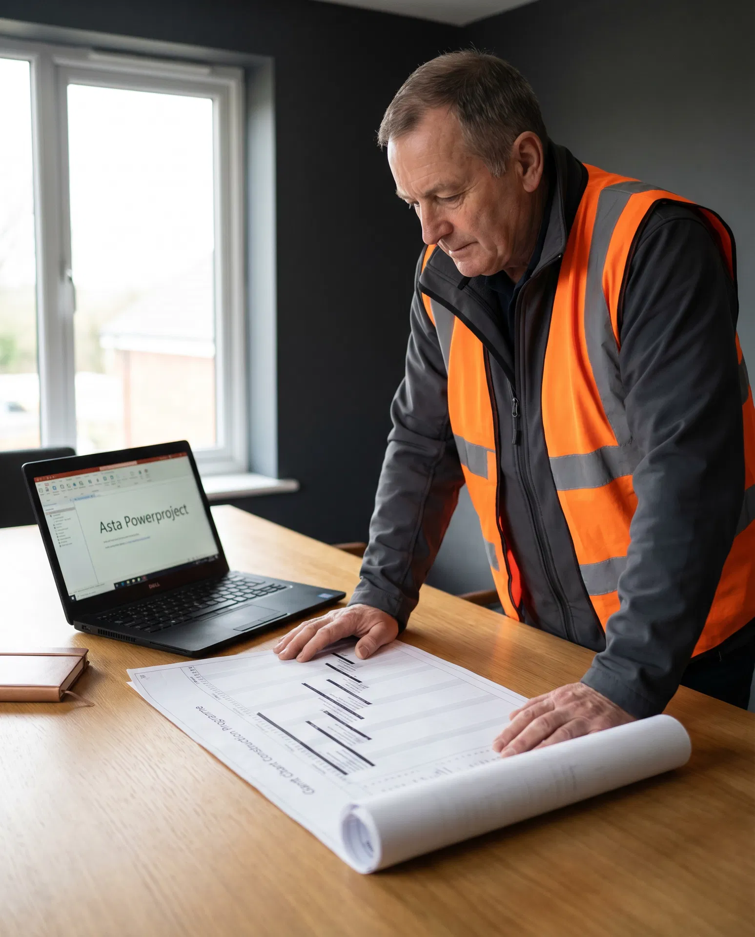 Contractors reviewing a construction programme on site