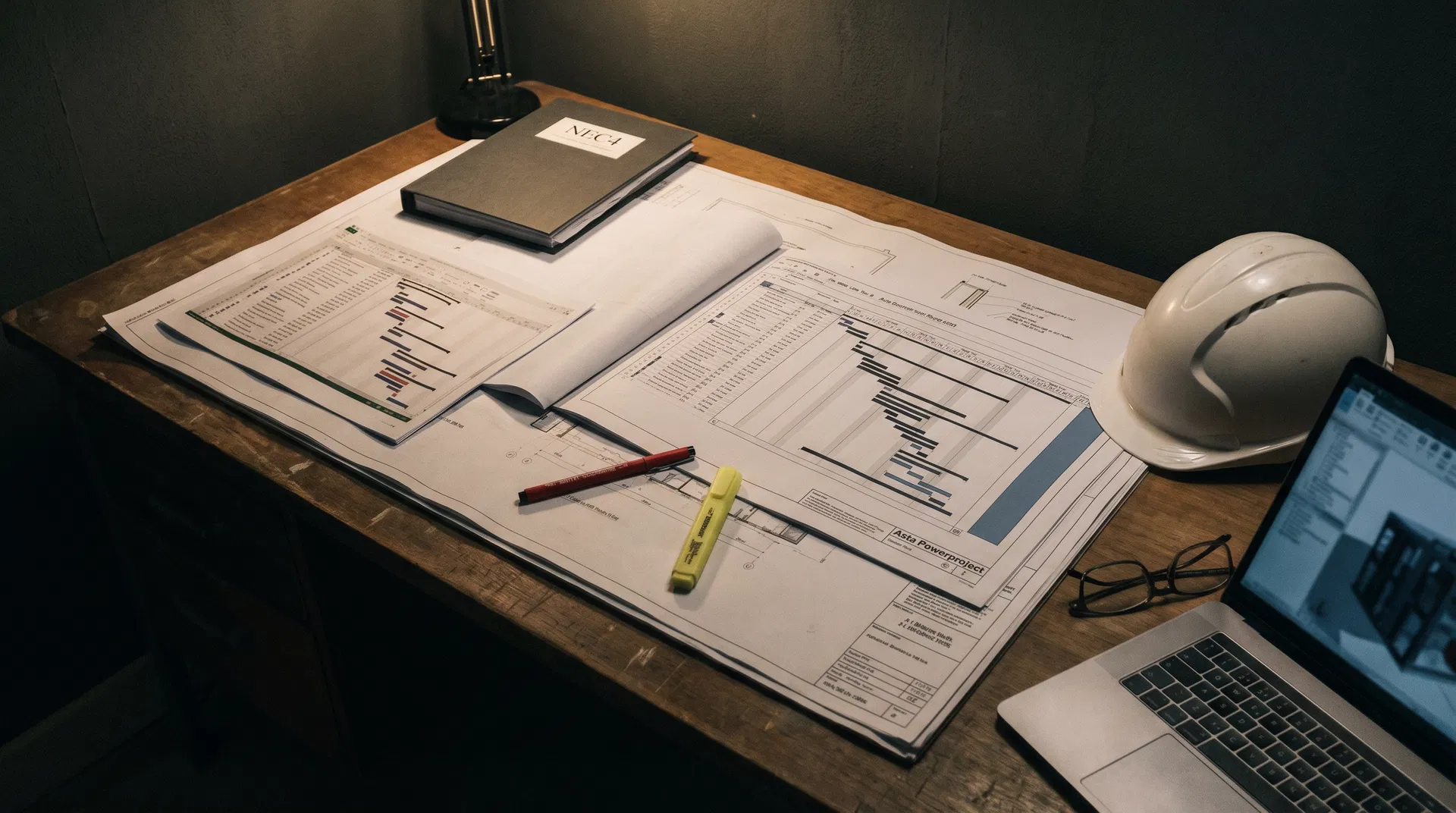 Drawing pack, Asta Powerproject and Microsoft Project programmes, NEC4 folder and contractor hard hat laid out on a desk