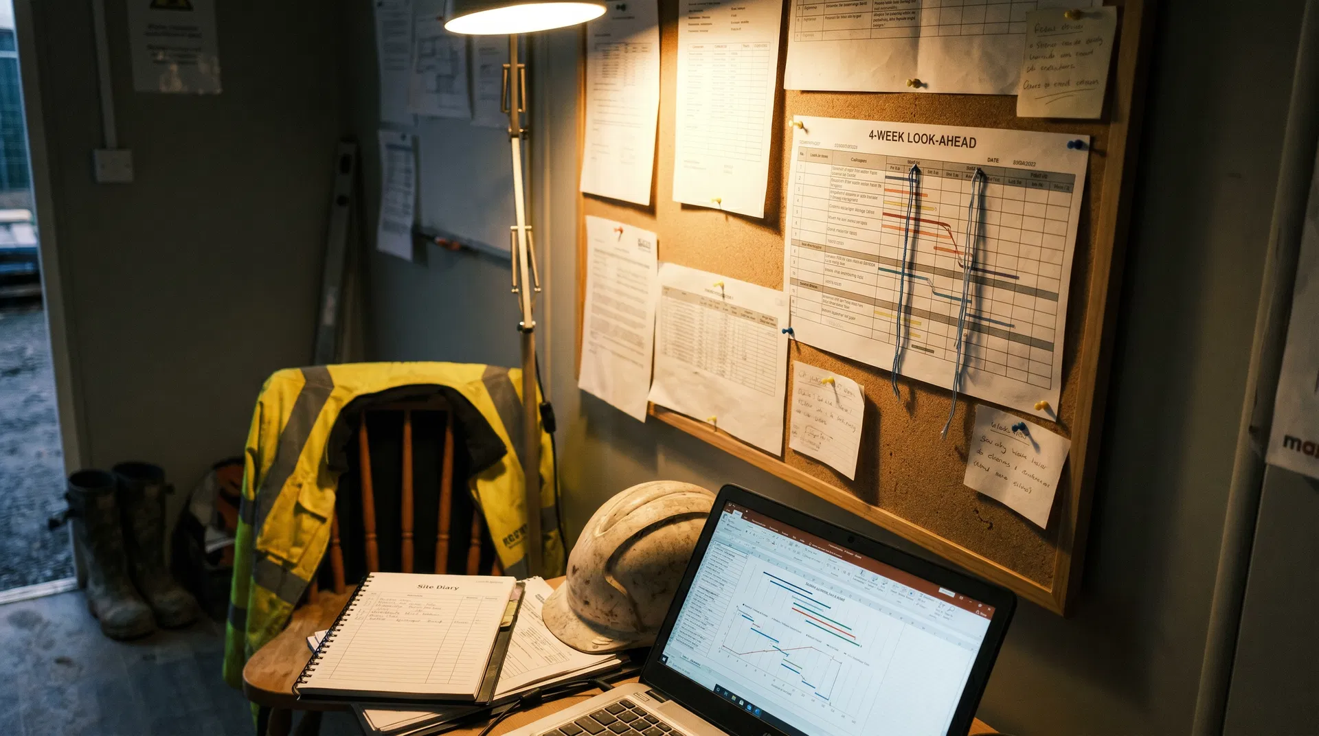 Site cabin, four-week look-ahead and early-warning register