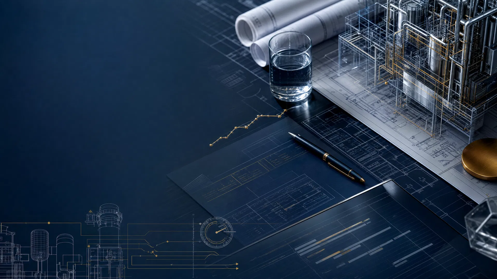 Executive engineering capital review table with blueprint overlays