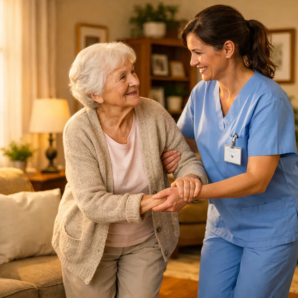 Home caregiver providing compassionate care to elderly client