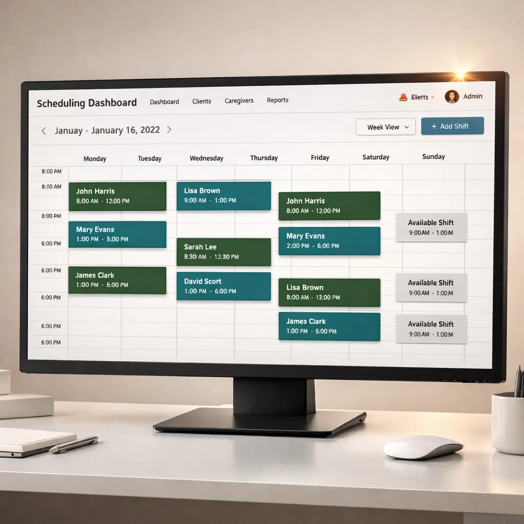 FlowCo scheduling dashboard showing caregiver shifts and assignments