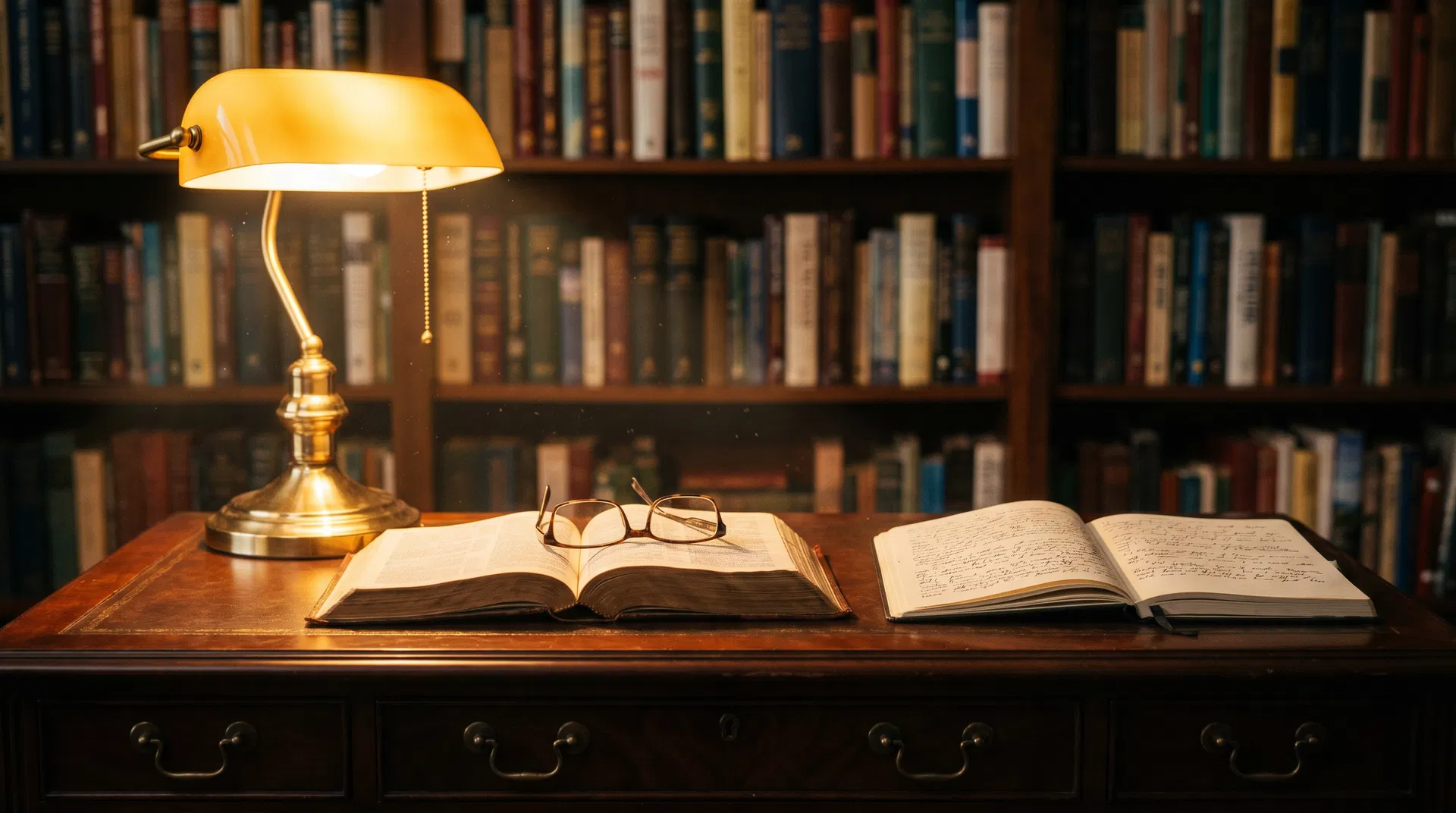 Biblical study desk with open Bible and theological books