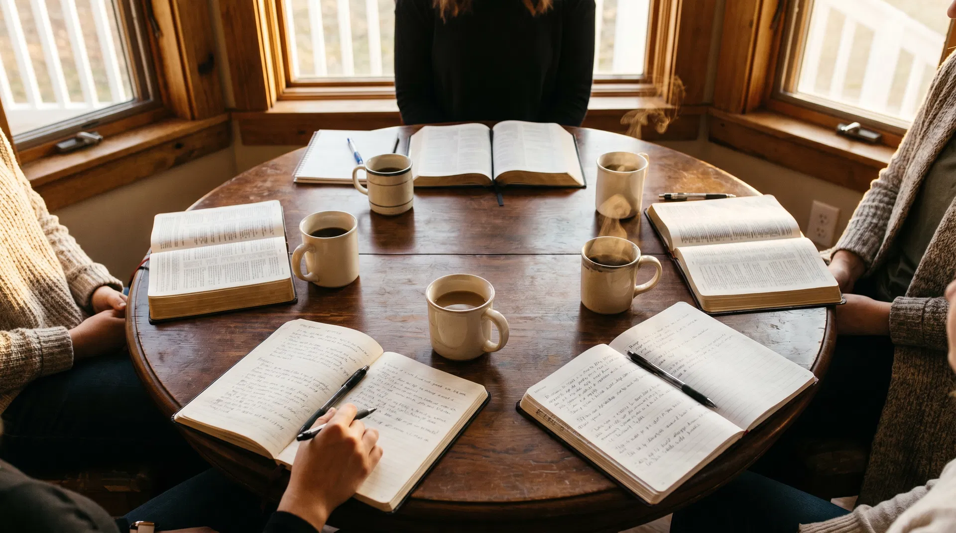 Group Bible study with open Bibles and coffee